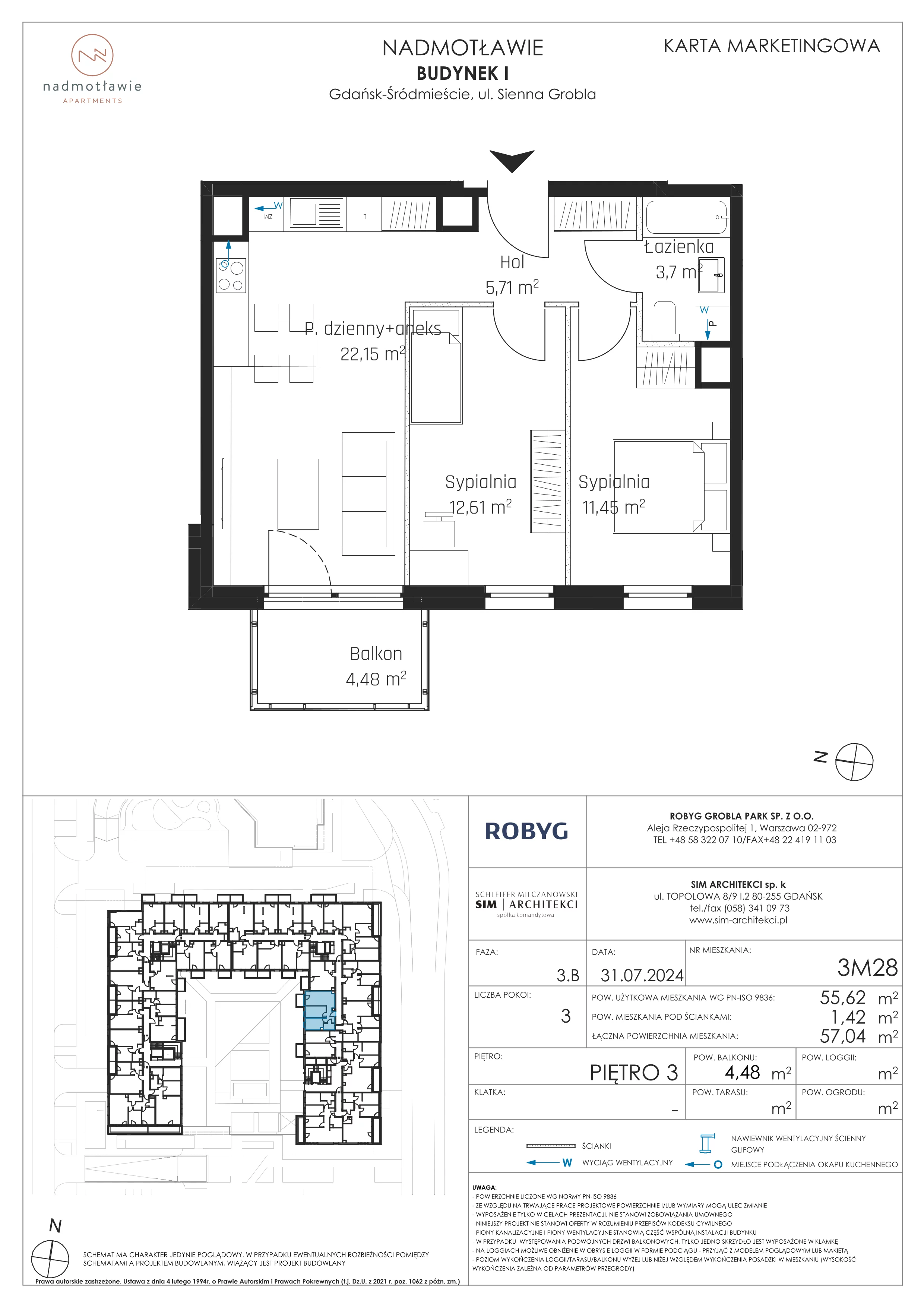 3 pokoje, mieszkanie 55,62 m², piętro 3, oferta nr I.3M28, Nadmotławie Apartments Budynek I, Gdańsk, Śródmieście, ul. Sienna Grobla