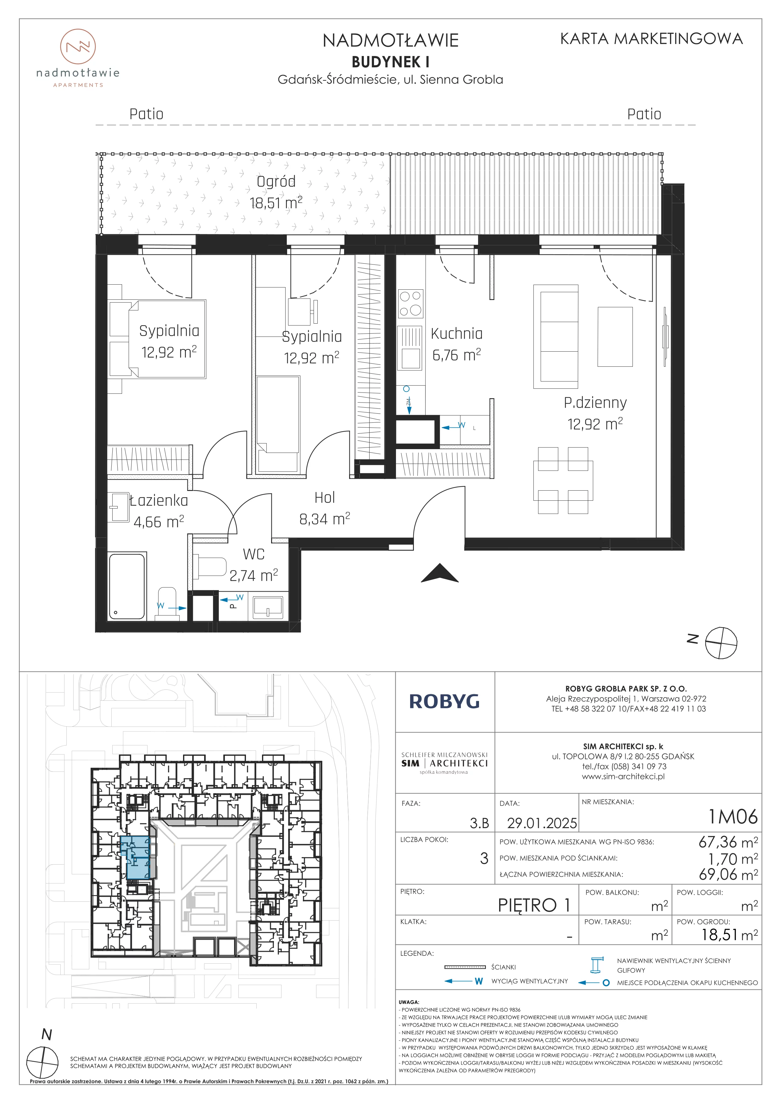 3 pokoje, mieszkanie 67,36 m², piętro 1, oferta nr I.1M06, Nadmotławie Apartments Budynek I, Gdańsk, Śródmieście, ul. Sienna Grobla