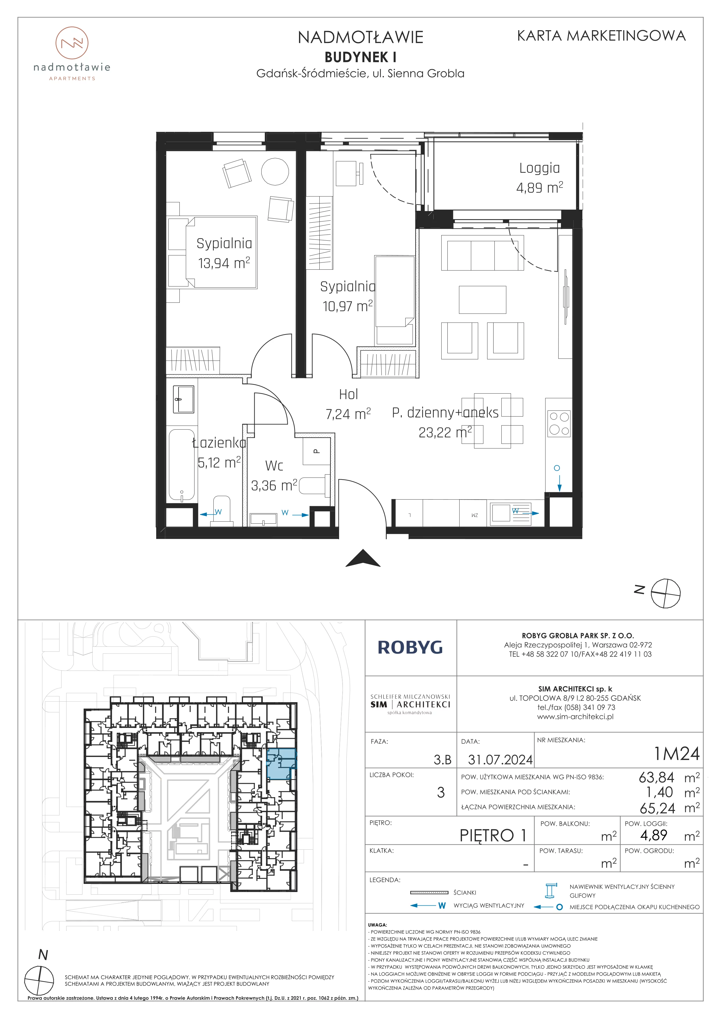 3 pokoje, mieszkanie 63,84 m², piętro 1, oferta nr I.1M24, Nadmotławie Apartments Budynek I, Gdańsk, Śródmieście, ul. Sienna Grobla