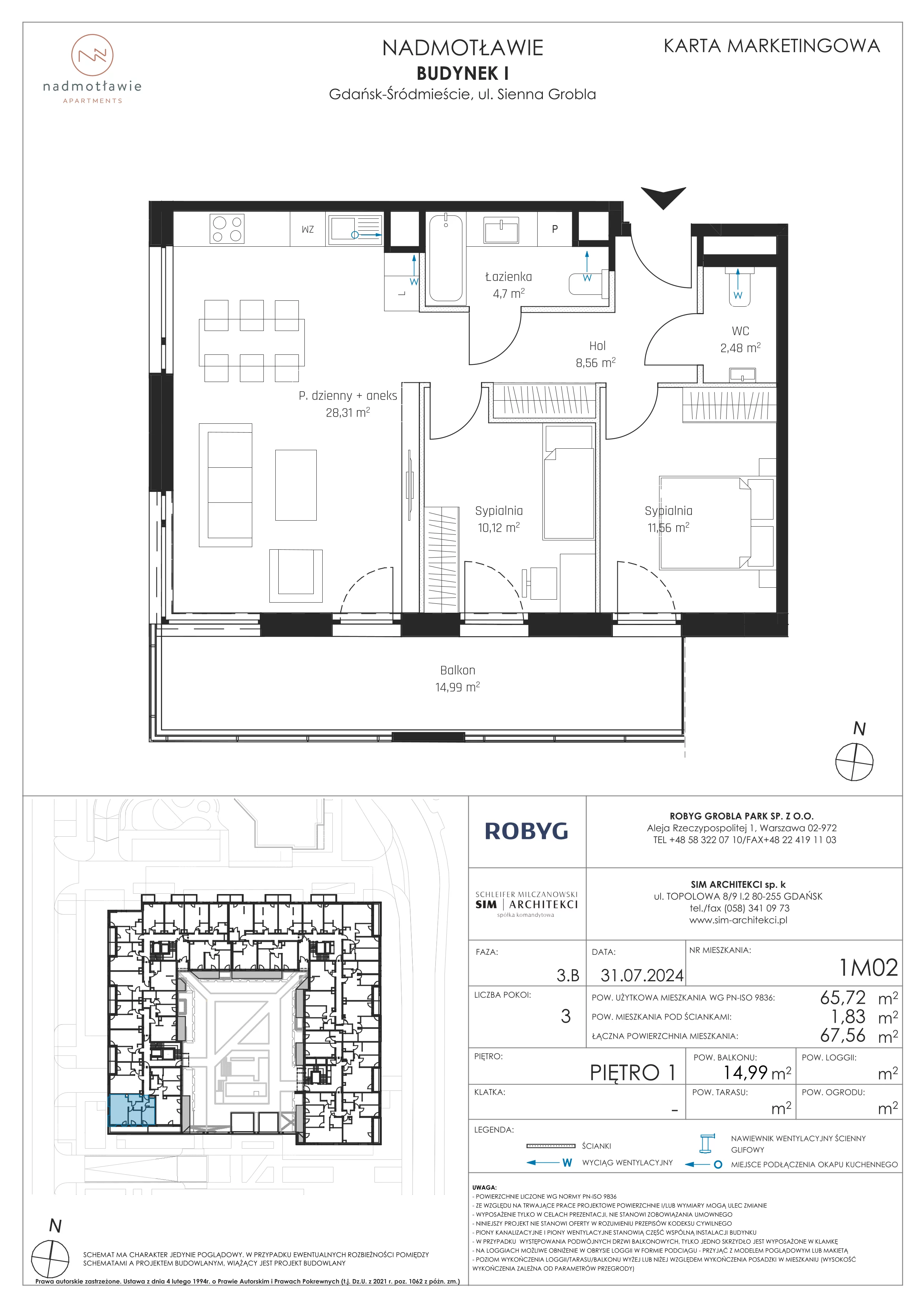 3 pokoje, mieszkanie 65,72 m², piętro 1, oferta nr I.1M02, Nadmotławie Apartments Budynek I, Gdańsk, Śródmieście, ul. Sienna Grobla
