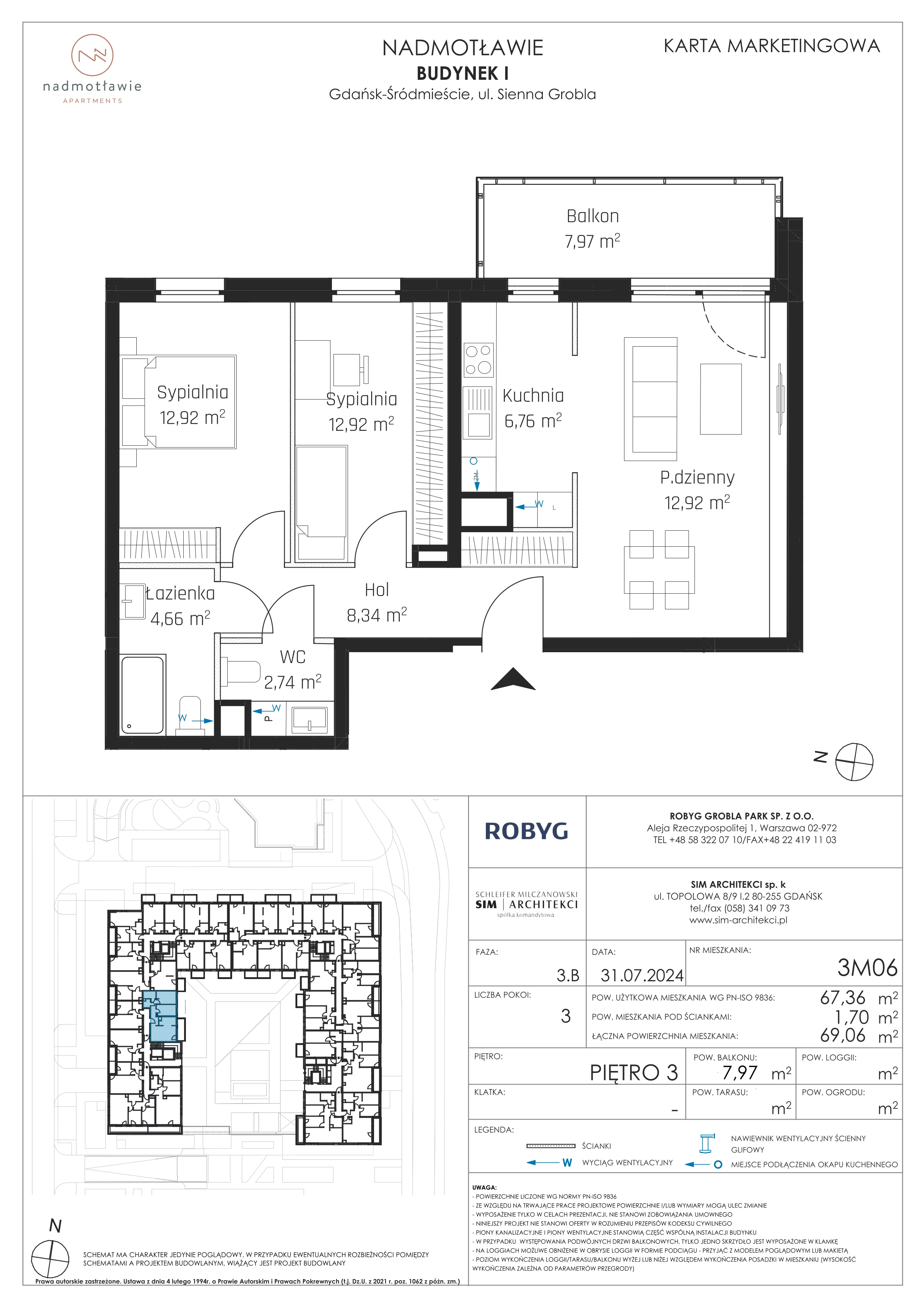 3 pokoje, mieszkanie 67,36 m², piętro 3, oferta nr I.3M06, Nadmotławie Apartments Budynek I, Gdańsk, Śródmieście, ul. Sienna Grobla