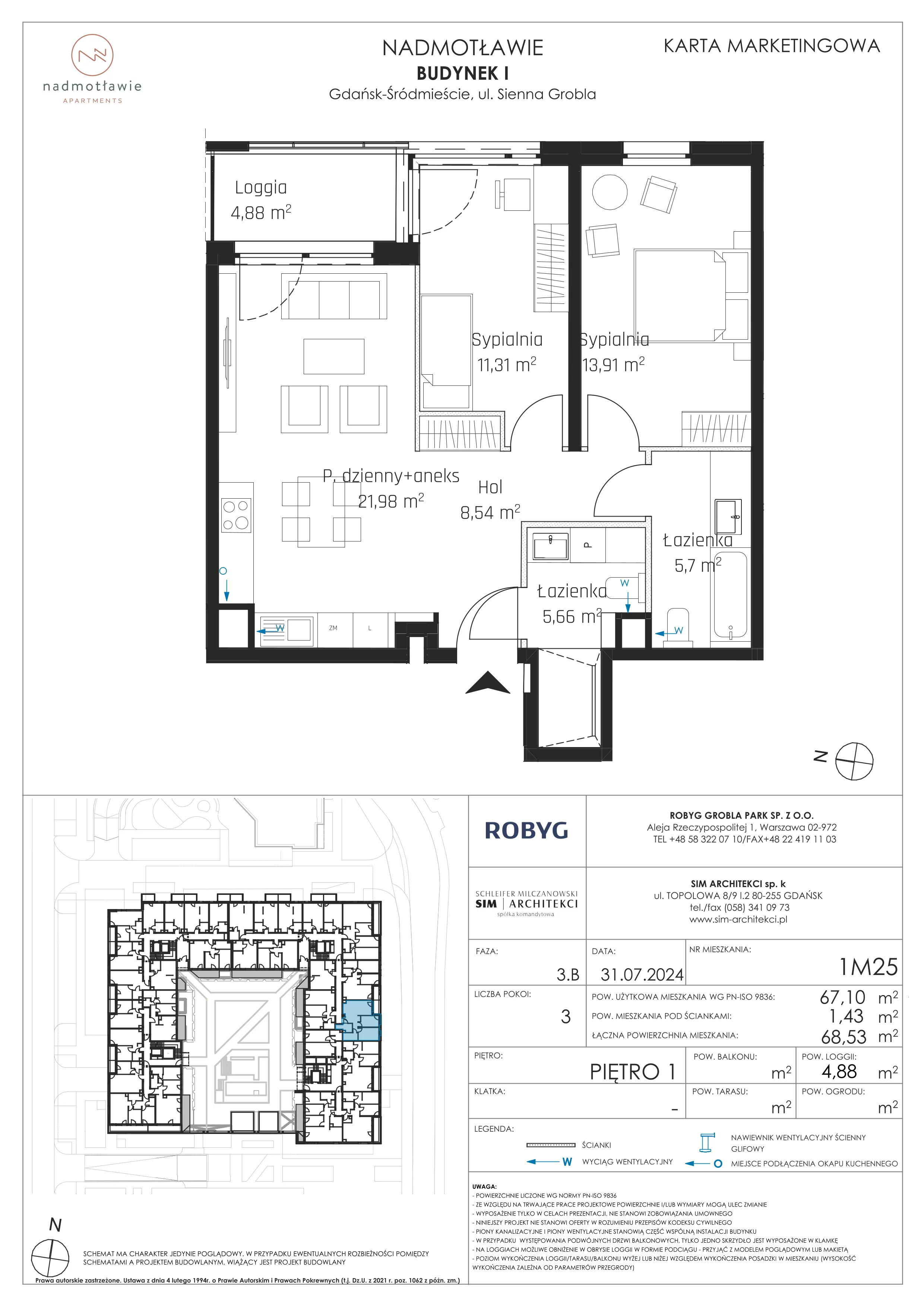 3 pokoje, mieszkanie 67,10 m², piętro 1, oferta nr I.1M25, Nadmotławie Apartments Budynek I, Gdańsk, Śródmieście, ul. Sienna Grobla
