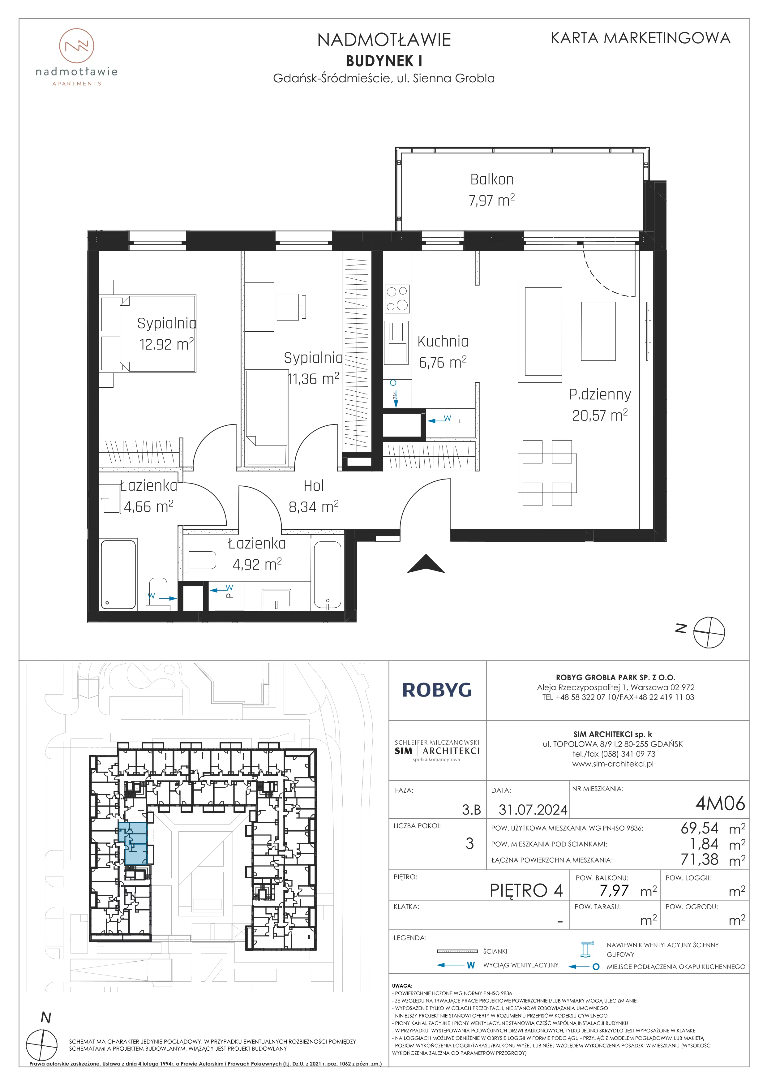 3 pokoje, mieszkanie 69,54 m², piętro 4, oferta nr I.4M06, Nadmotławie Apartments Budynek I, Gdańsk, Śródmieście, ul. Sienna Grobla