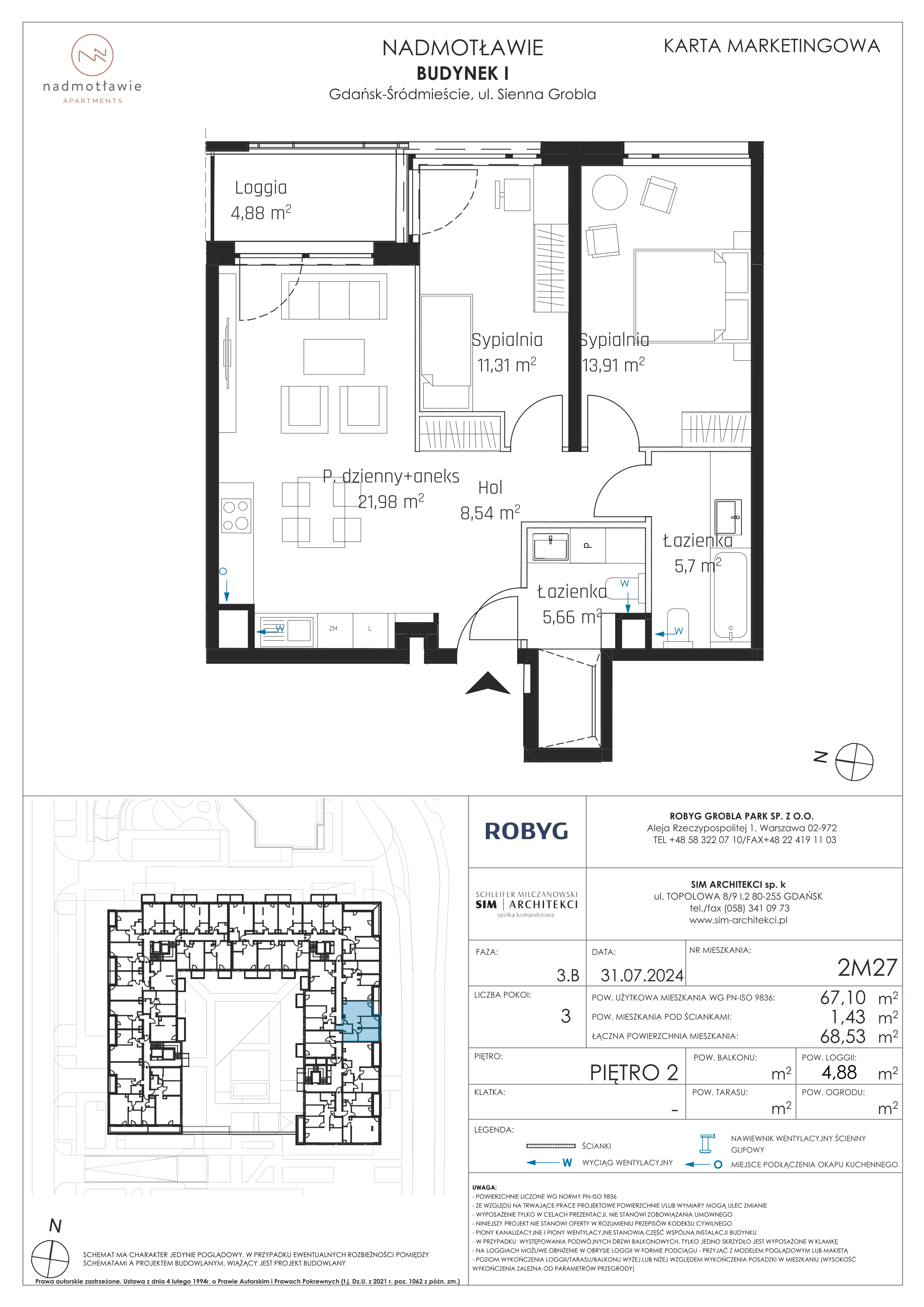 3 pokoje, mieszkanie 67,10 m², piętro 2, oferta nr I.2M27, Nadmotławie Apartments Budynek I, Gdańsk, Śródmieście, ul. Sienna Grobla
