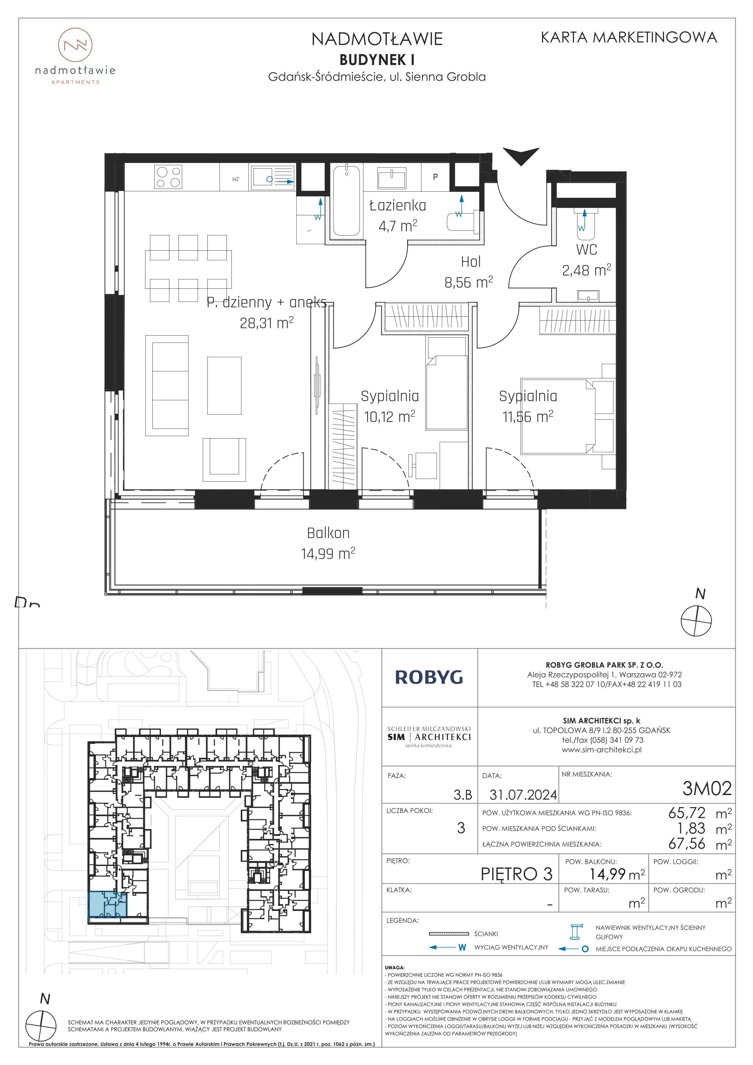 3 pokoje, mieszkanie 65,72 m², piętro 3, oferta nr I.3M02, Nadmotławie Apartments Budynek I, Gdańsk, Śródmieście, ul. Sienna Grobla