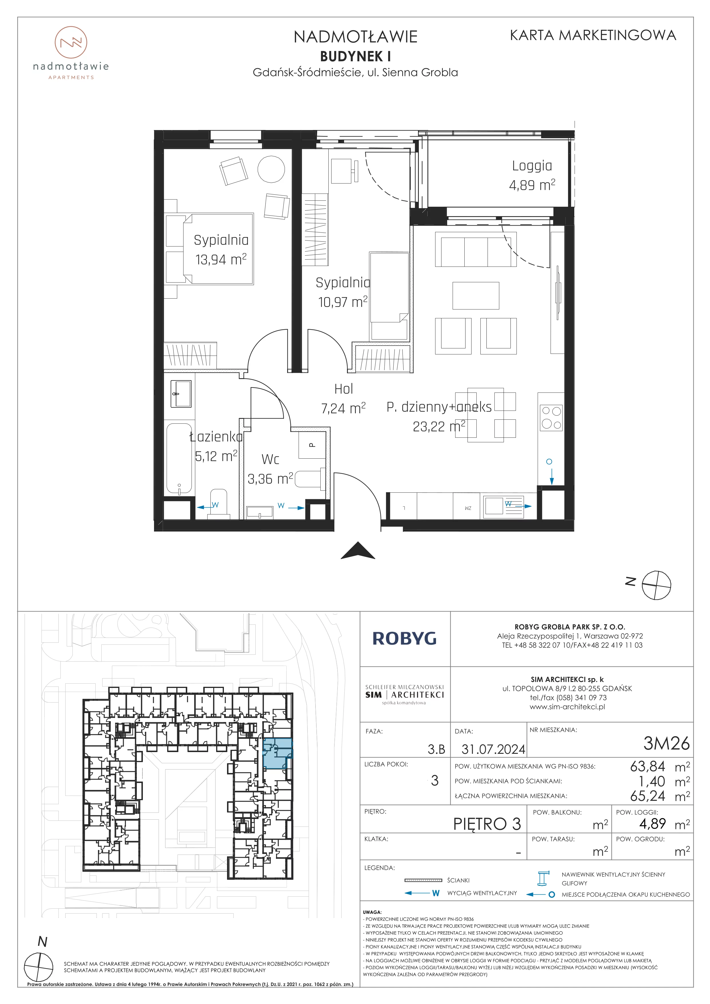 3 pokoje, mieszkanie 63,84 m², piętro 3, oferta nr I.3M26, Nadmotławie Apartments Budynek I, Gdańsk, Śródmieście, ul. Sienna Grobla