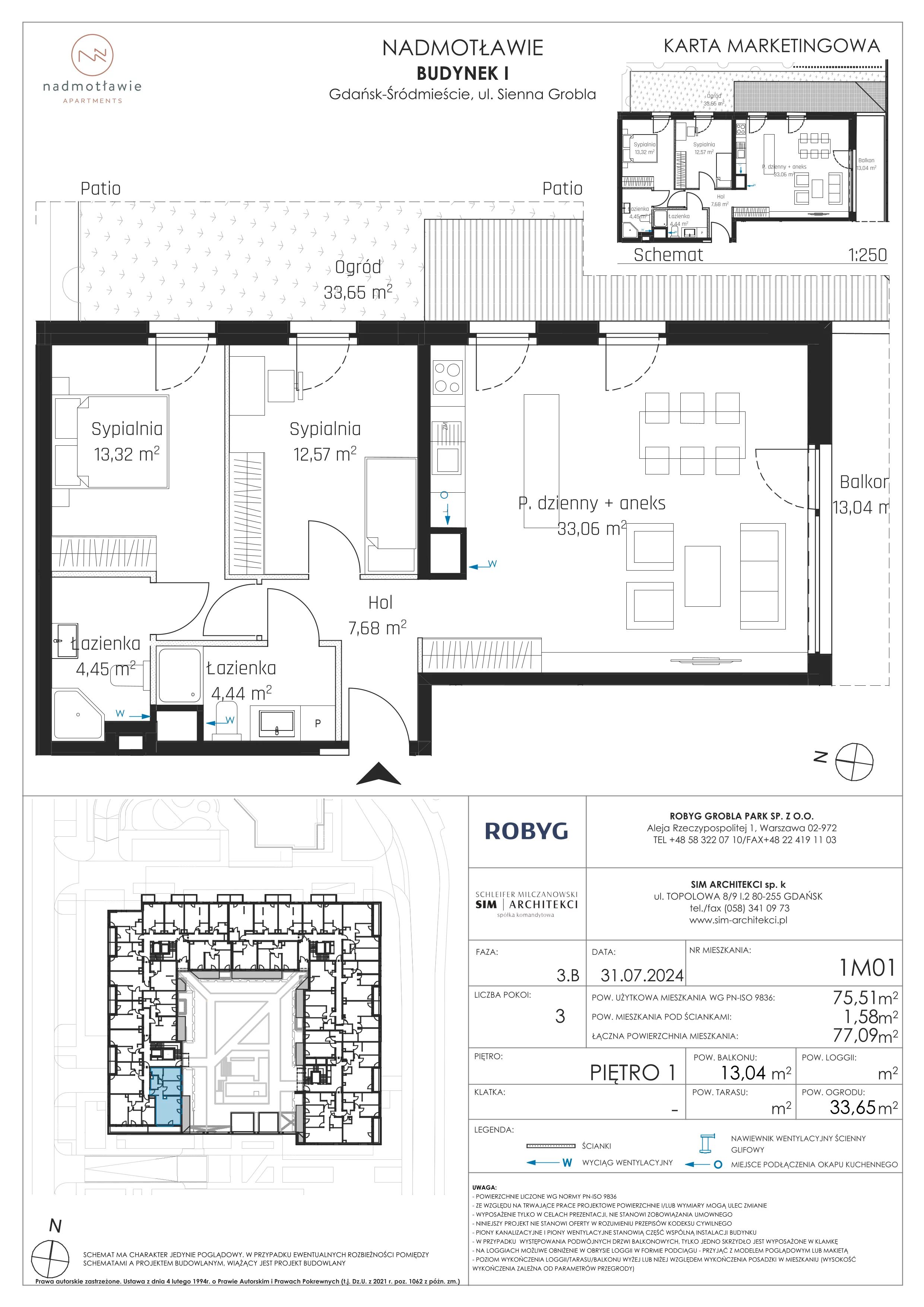3 pokoje, mieszkanie 75,51 m², piętro 1, oferta nr I.1M01, Nadmotławie Apartments Budynek I, Gdańsk, Śródmieście, ul. Sienna Grobla