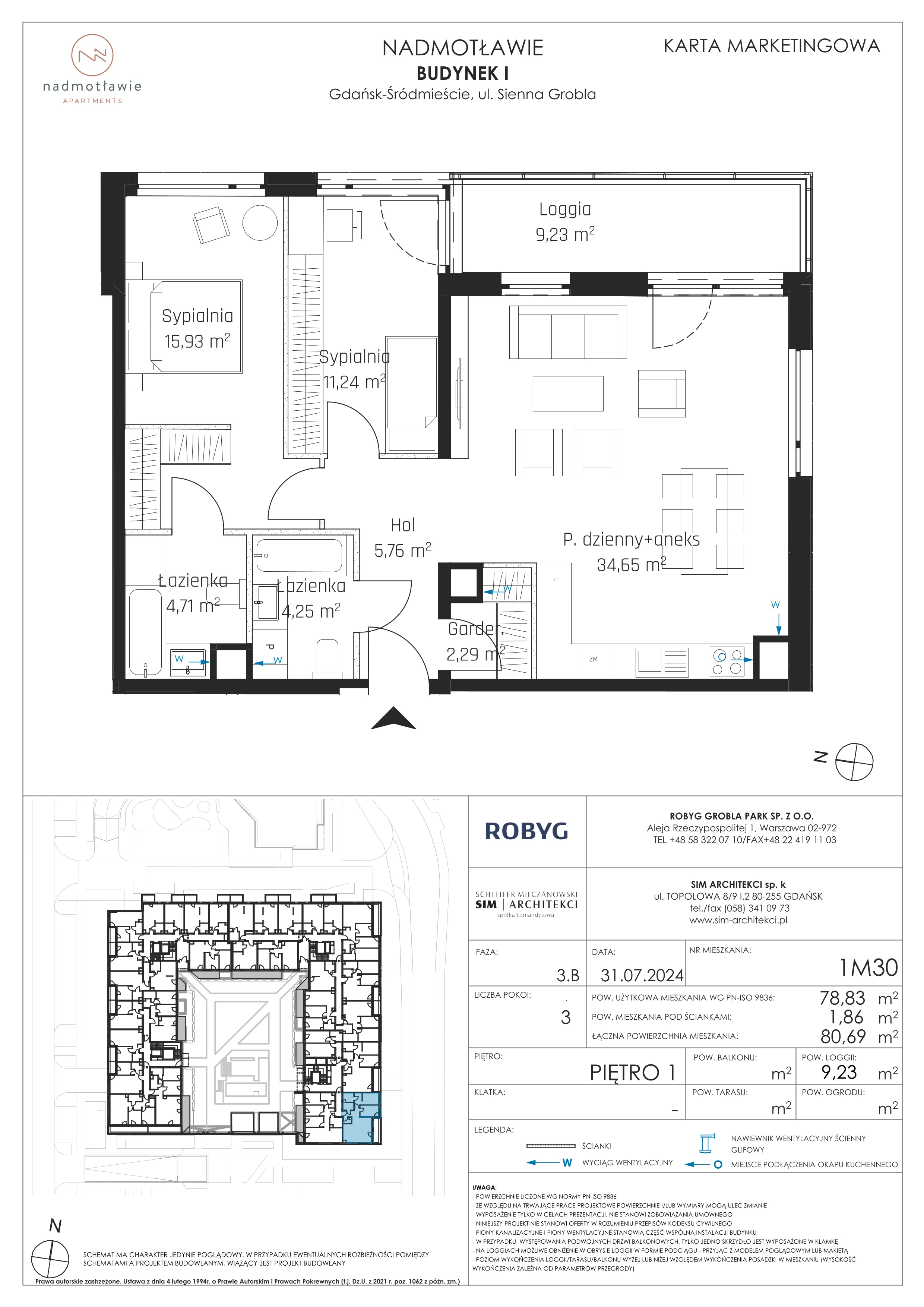 3 pokoje, mieszkanie 78,83 m², piętro 1, oferta nr I.1M30, Nadmotławie Apartments Budynek I, Gdańsk, Śródmieście, ul. Sienna Grobla