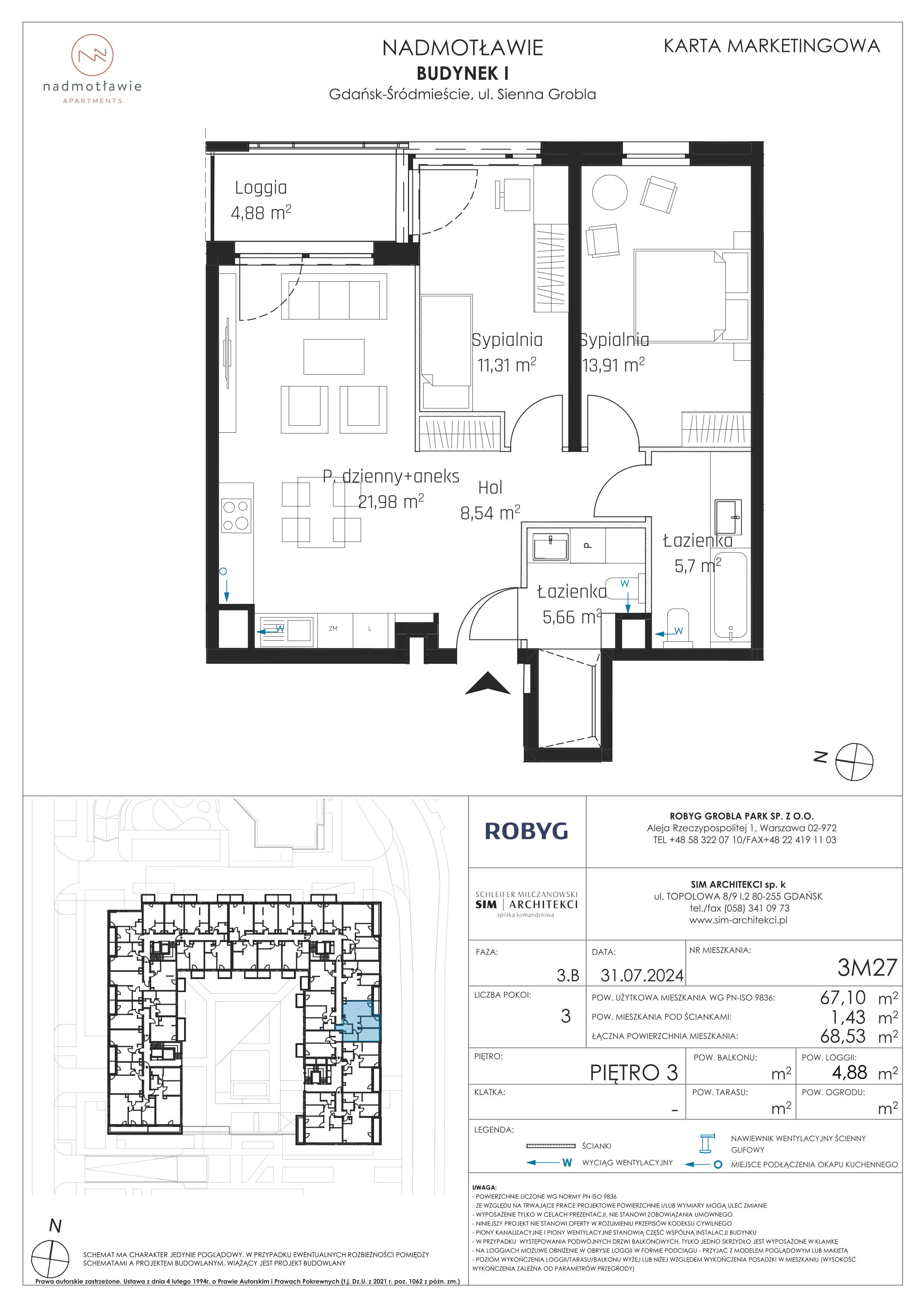 3 pokoje, mieszkanie 67,10 m², piętro 3, oferta nr I.3M27, Nadmotławie Apartments Budynek I, Gdańsk, Śródmieście, ul. Sienna Grobla