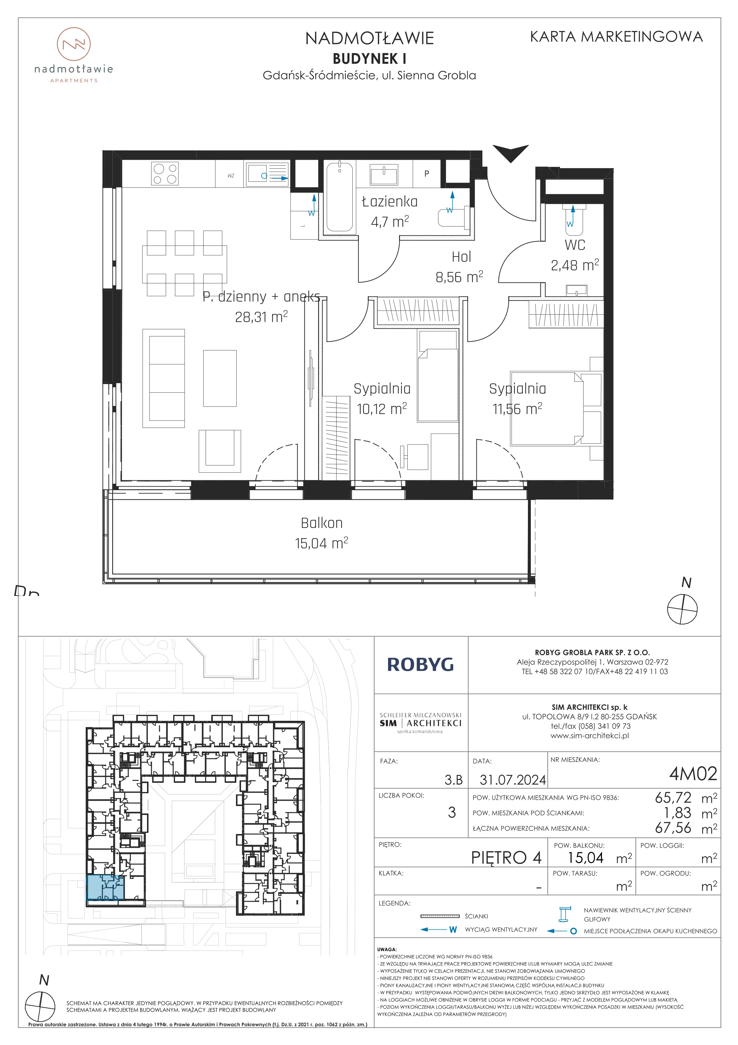 3 pokoje, mieszkanie 65,72 m², piętro 4, oferta nr I.4M02, Nadmotławie Apartments Budynek I, Gdańsk, Śródmieście, ul. Sienna Grobla