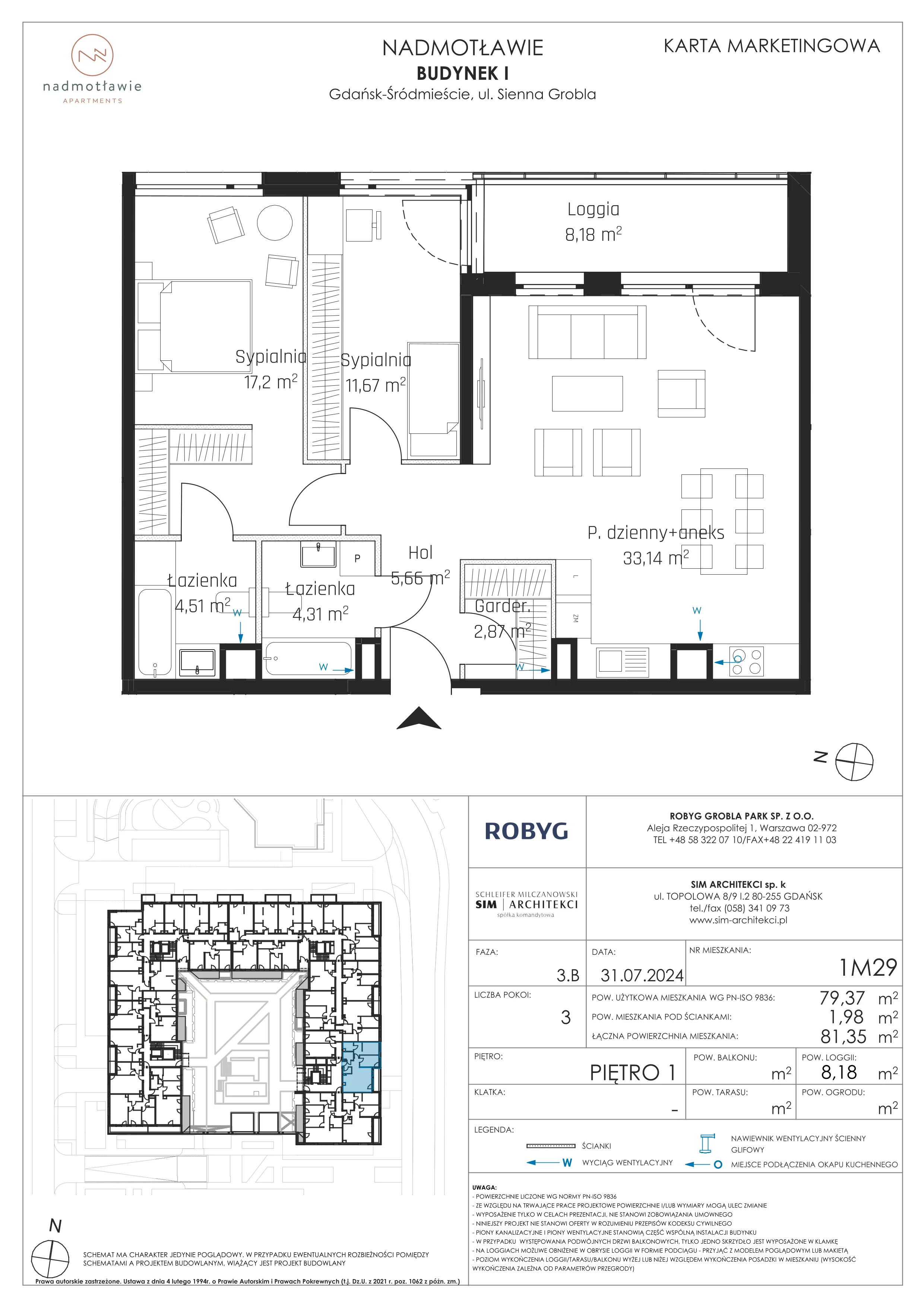 3 pokoje, mieszkanie 79,37 m², piętro 1, oferta nr I.1M29, Nadmotławie Apartments Budynek I, Gdańsk, Śródmieście, ul. Sienna Grobla
