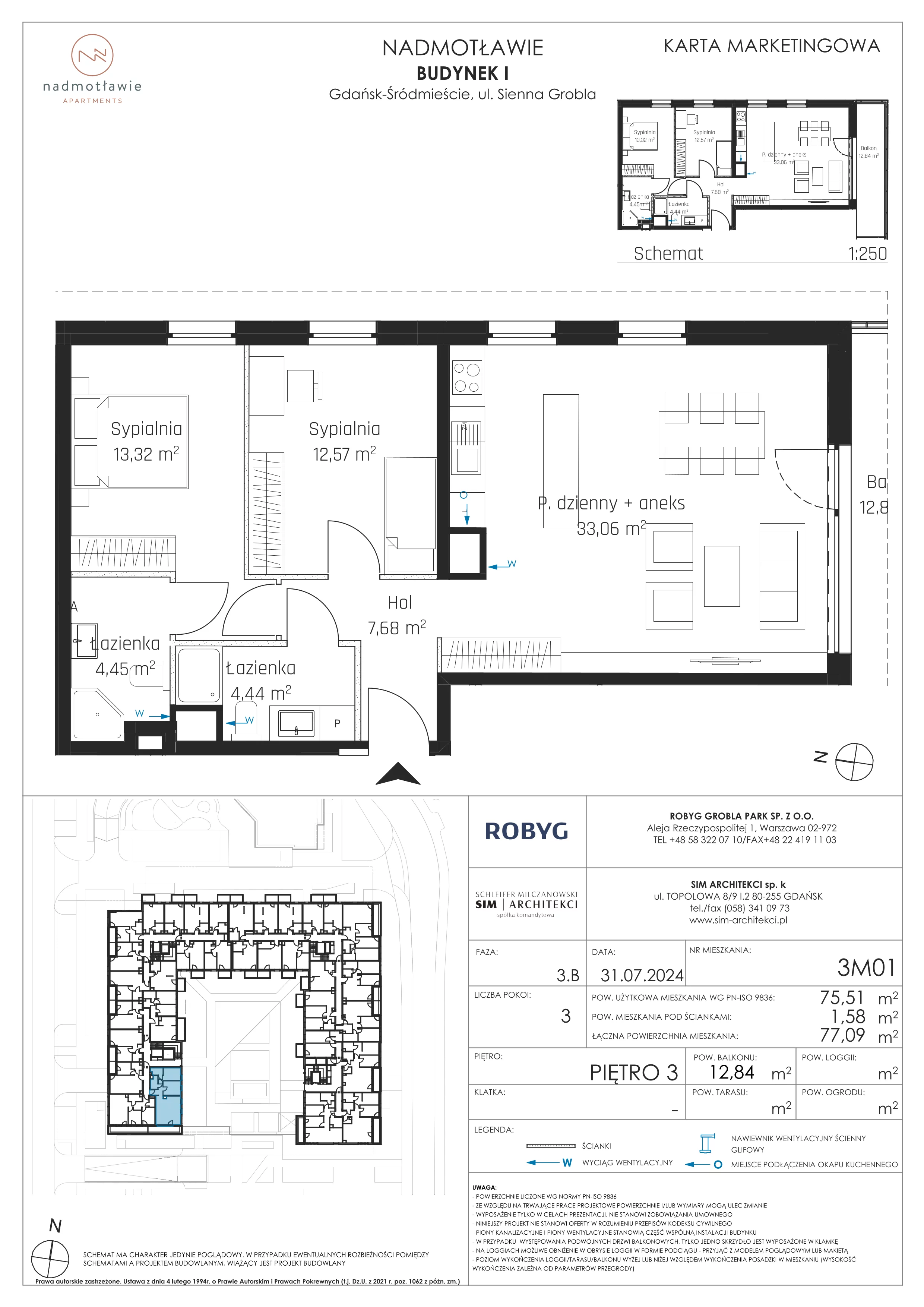3 pokoje, mieszkanie 75,51 m², piętro 3, oferta nr I.3M01, Nadmotławie Apartments Budynek I, Gdańsk, Śródmieście, ul. Sienna Grobla