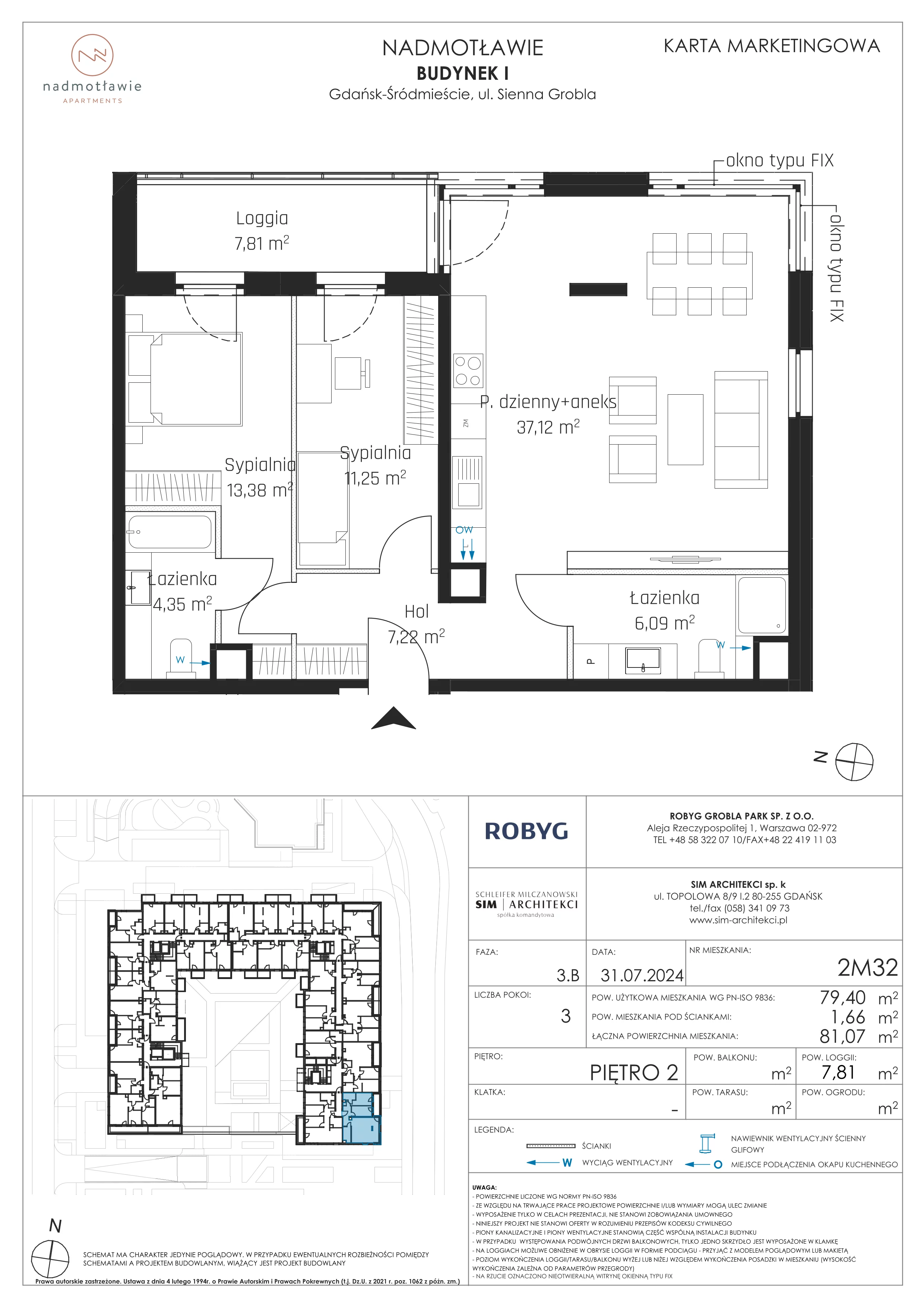 3 pokoje, mieszkanie 79,40 m², piętro 2, oferta nr I.2M32, Nadmotławie Apartments Budynek I, Gdańsk, Śródmieście, ul. Sienna Grobla