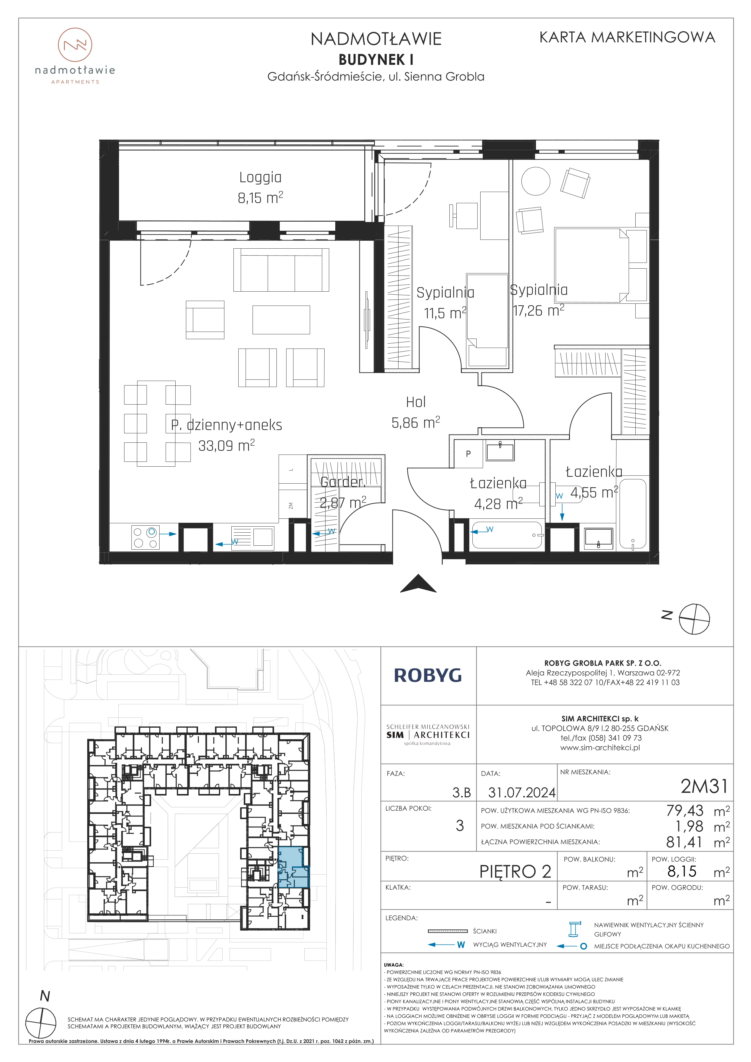 3 pokoje, mieszkanie 79,43 m², piętro 2, oferta nr I.2M31, Nadmotławie Apartments Budynek I, Gdańsk, Śródmieście, ul. Sienna Grobla