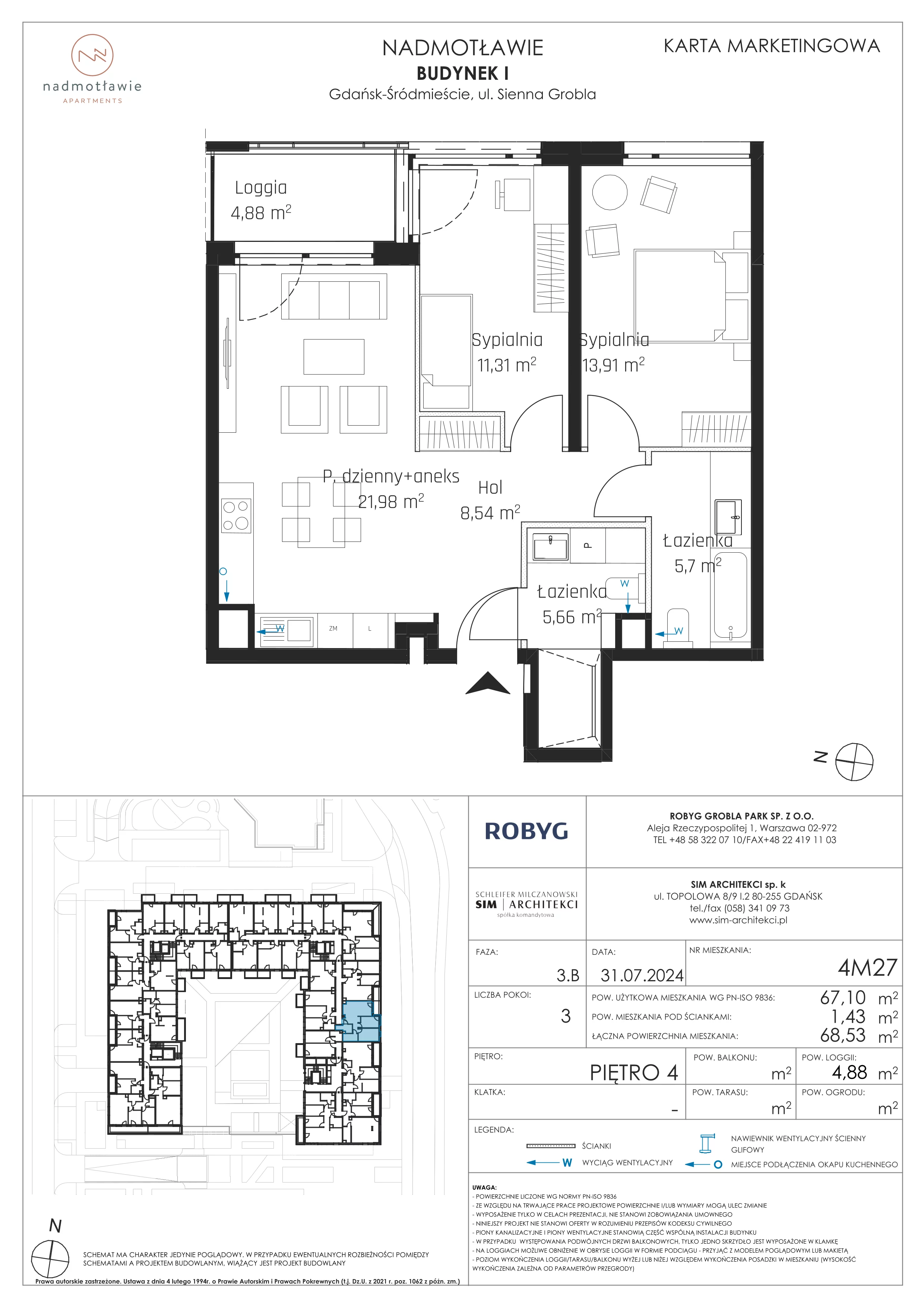 3 pokoje, mieszkanie 67,10 m², piętro 4, oferta nr I.4M27, Nadmotławie Apartments Budynek I, Gdańsk, Śródmieście, ul. Sienna Grobla