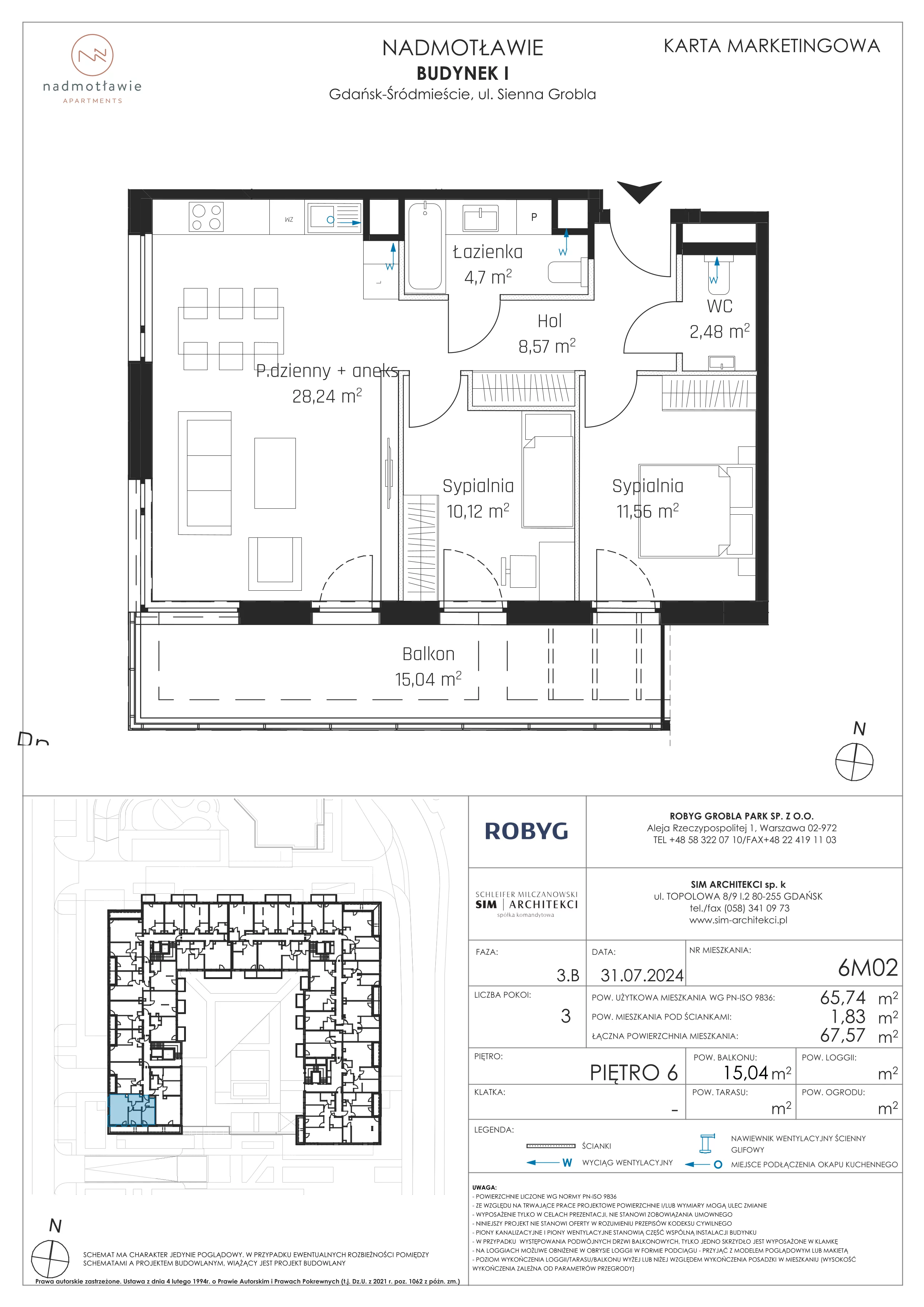 3 pokoje, mieszkanie 65,74 m², piętro 6, oferta nr I.6M02, Nadmotławie Apartments Budynek I, Gdańsk, Śródmieście, ul. Sienna Grobla