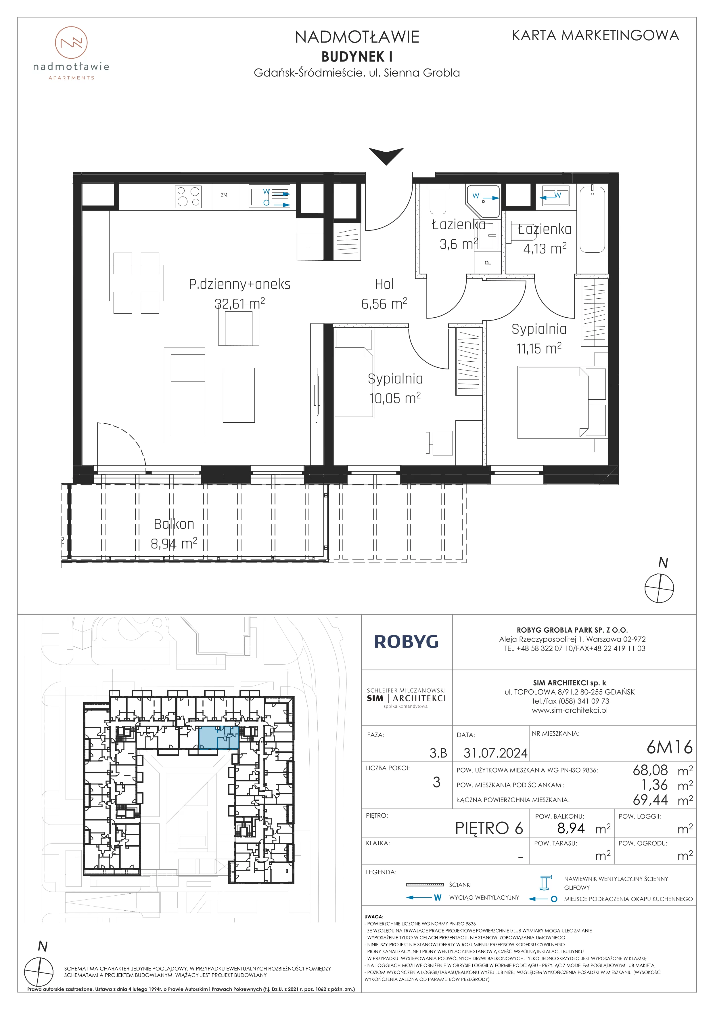 3 pokoje, mieszkanie 68,08 m², piętro 6, oferta nr I.6M16, Nadmotławie Apartments Budynek I, Gdańsk, Śródmieście, ul. Sienna Grobla