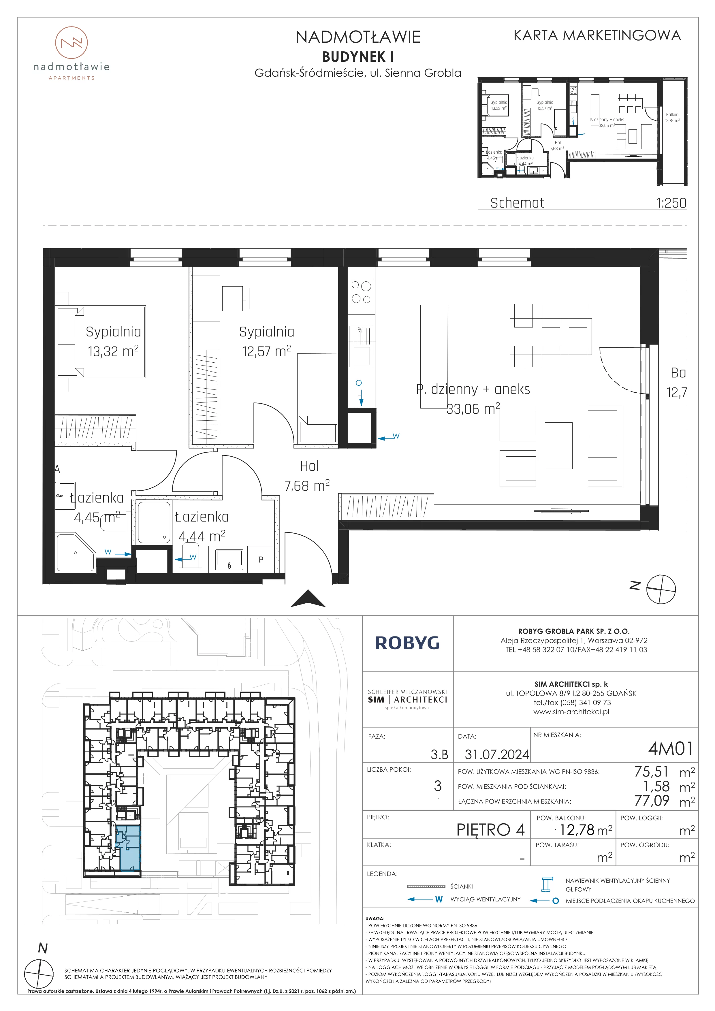 3 pokoje, mieszkanie 75,51 m², piętro 4, oferta nr I.4M01, Nadmotławie Apartments Budynek I, Gdańsk, Śródmieście, ul. Sienna Grobla