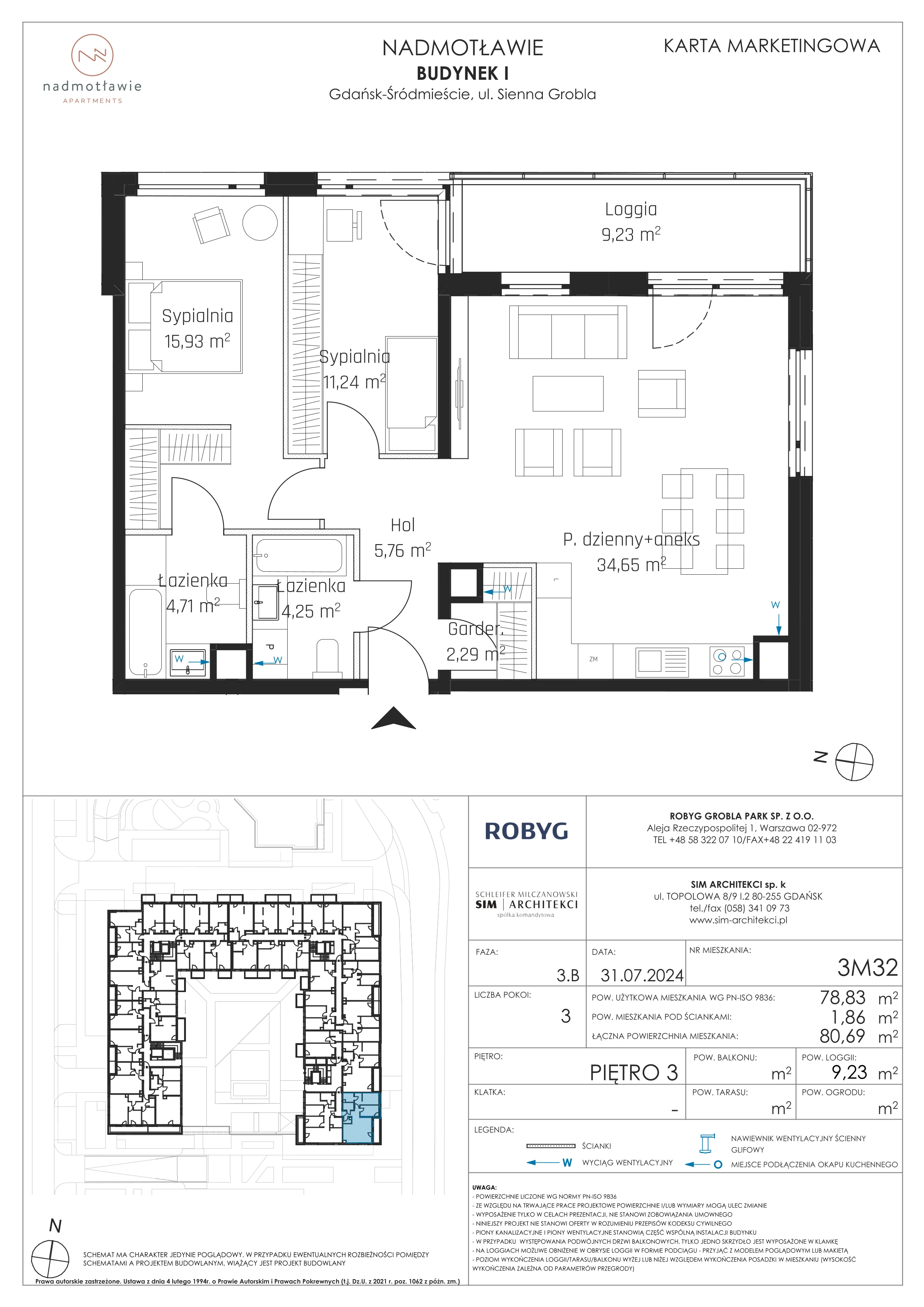 3 pokoje, mieszkanie 78,83 m², piętro 3, oferta nr I.3M32, Nadmotławie Apartments Budynek I, Gdańsk, Śródmieście, ul. Sienna Grobla