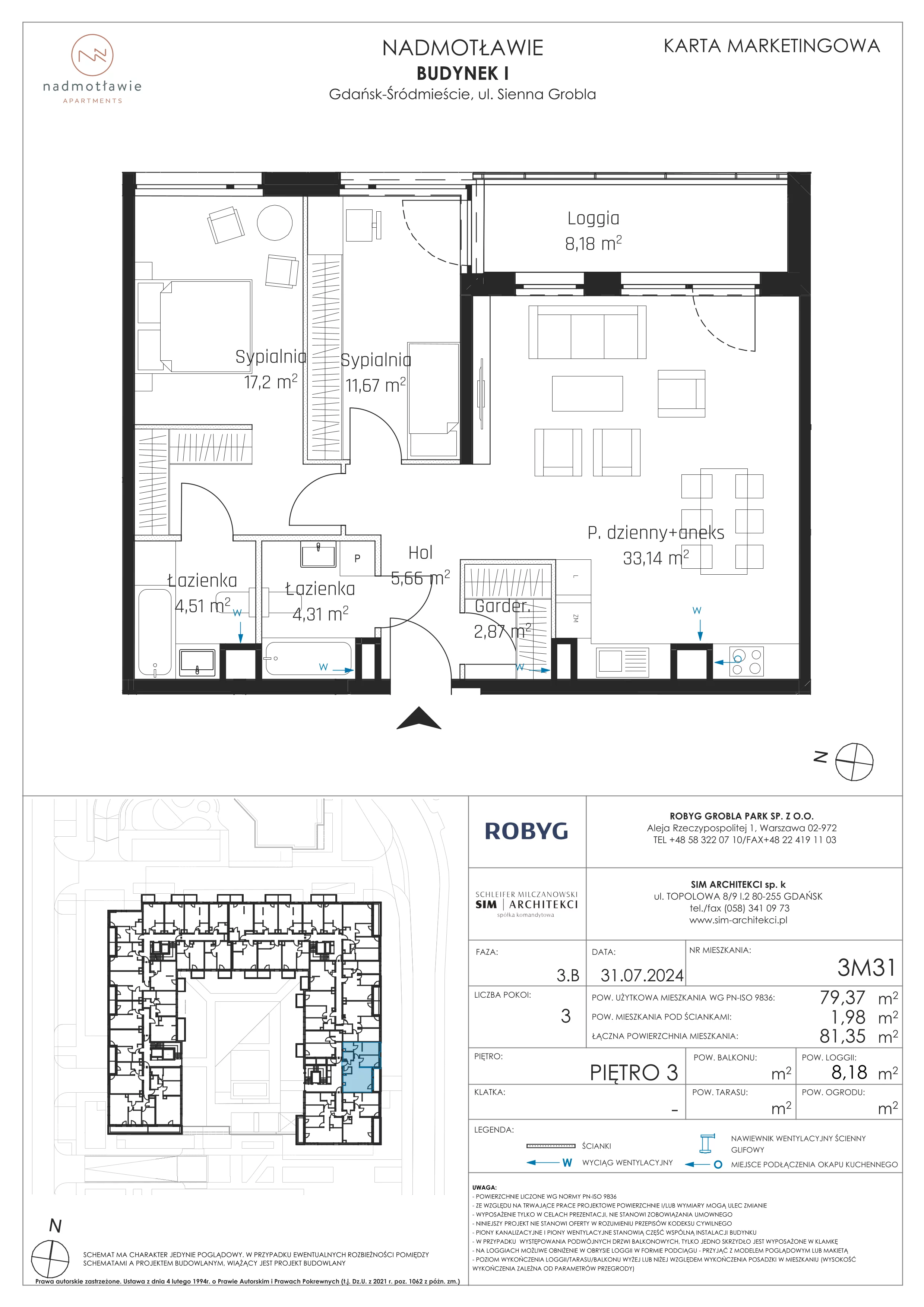 3 pokoje, mieszkanie 79,37 m², piętro 3, oferta nr I.3M31, Nadmotławie Apartments Budynek I, Gdańsk, Śródmieście, ul. Sienna Grobla