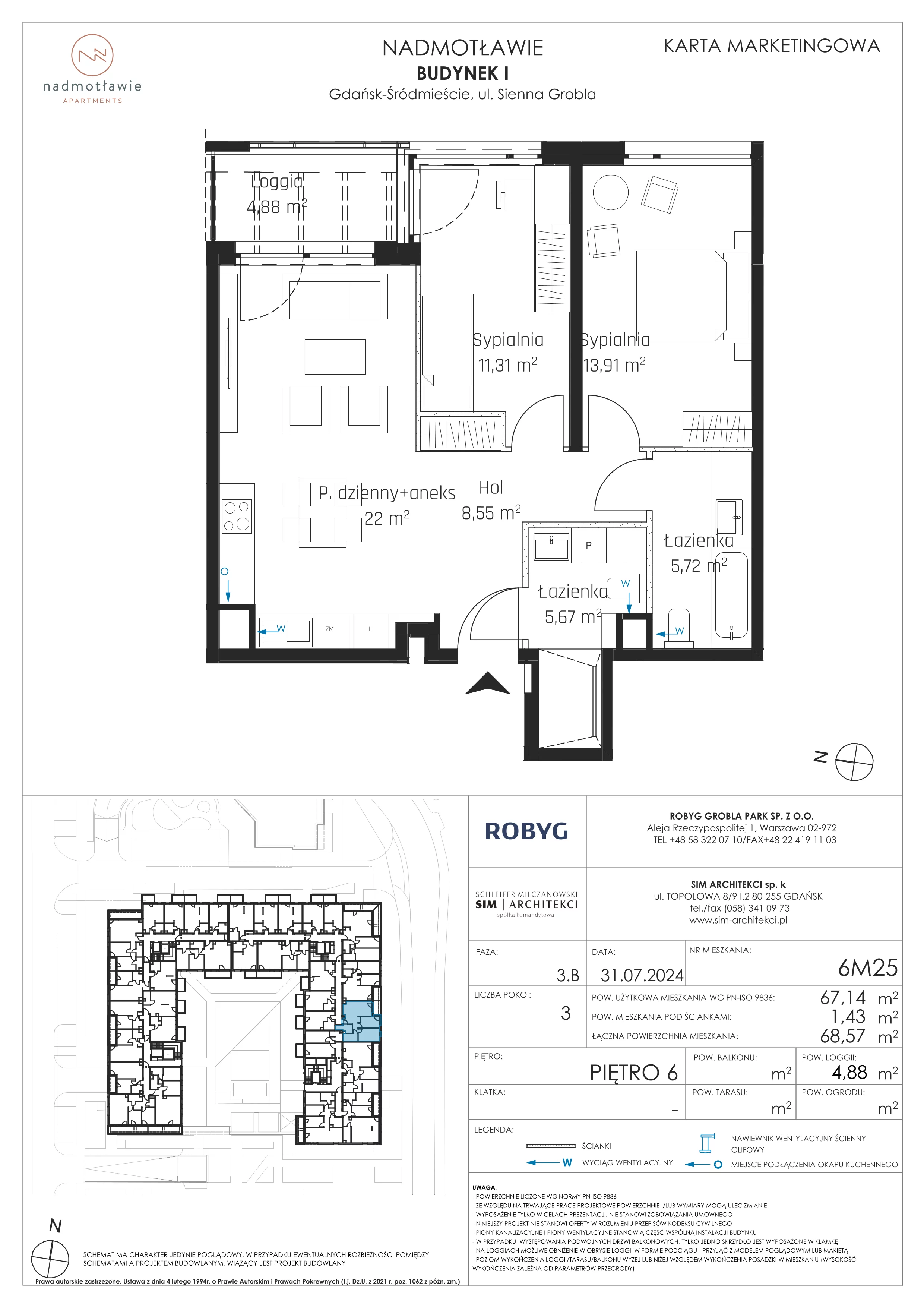3 pokoje, mieszkanie 67,14 m², piętro 6, oferta nr I.6M25, Nadmotławie Apartments Budynek I, Gdańsk, Śródmieście, ul. Sienna Grobla
