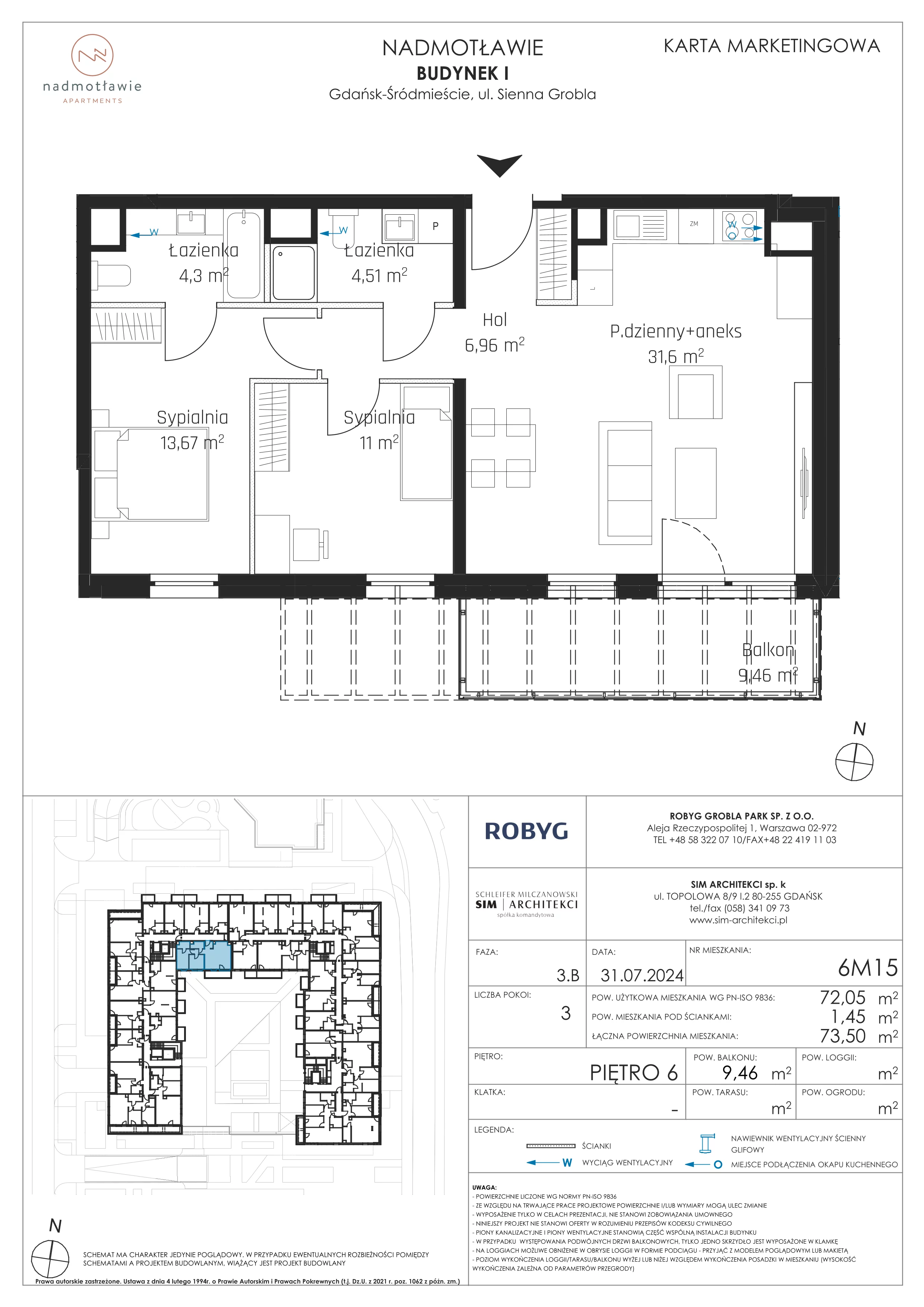 3 pokoje, mieszkanie 72,05 m², piętro 6, oferta nr I.6M15, Nadmotławie Apartments Budynek I, Gdańsk, Śródmieście, ul. Sienna Grobla