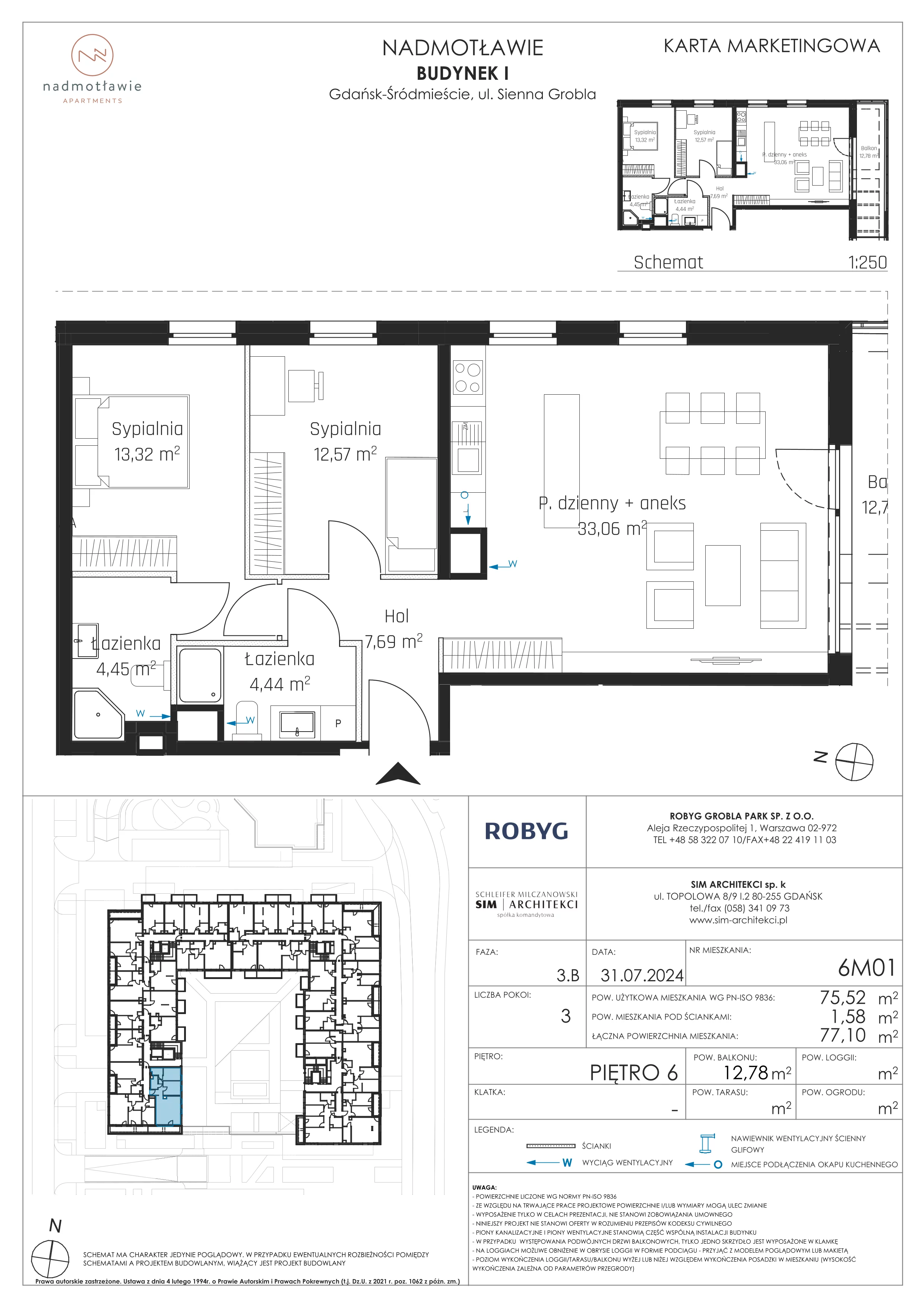 3 pokoje, mieszkanie 75,52 m², piętro 6, oferta nr I.6M01, Nadmotławie Apartments Budynek I, Gdańsk, Śródmieście, ul. Sienna Grobla