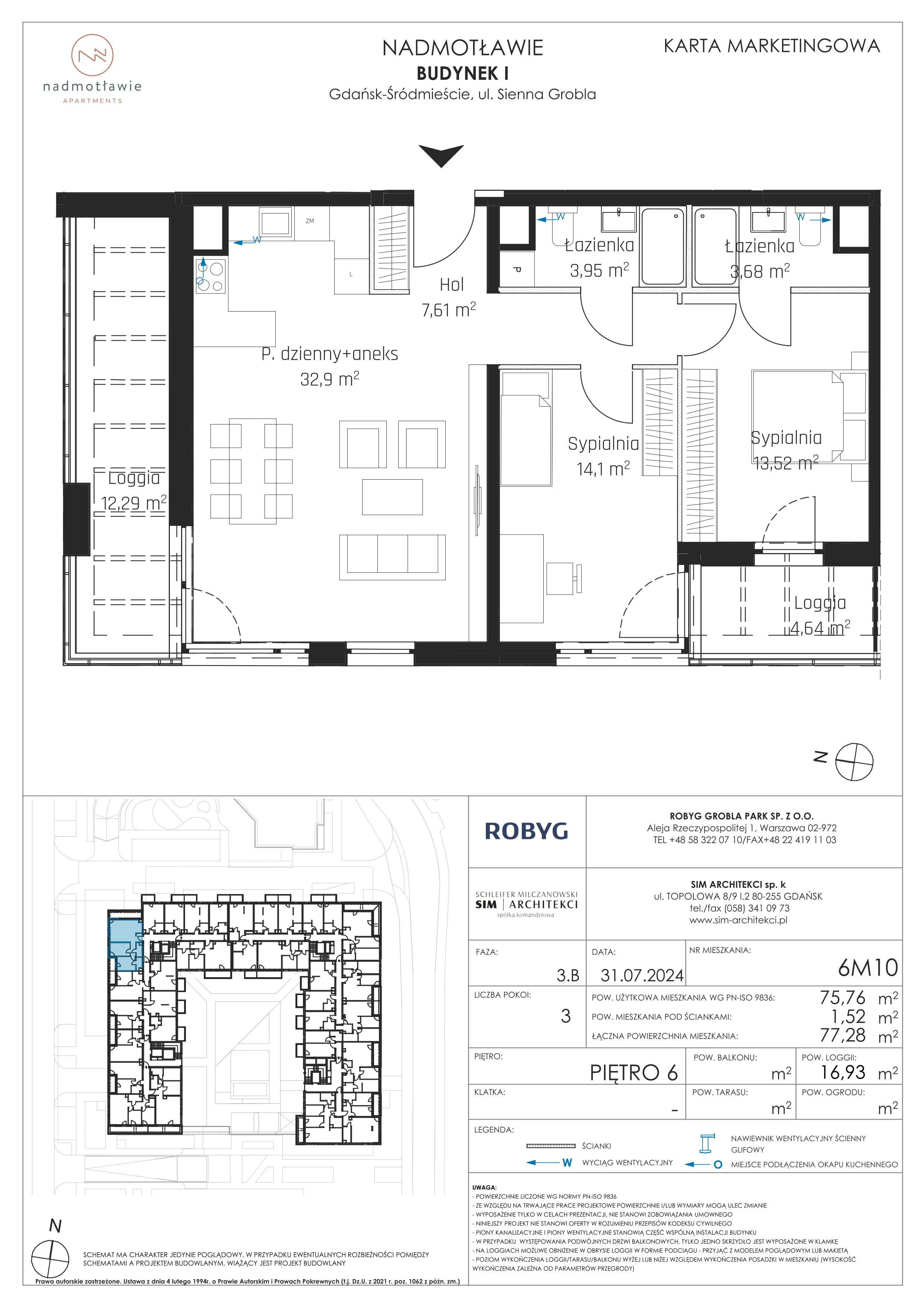 3 pokoje, mieszkanie 75,76 m², piętro 6, oferta nr I.6M10, Nadmotławie Apartments Budynek I, Gdańsk, Śródmieście, ul. Sienna Grobla