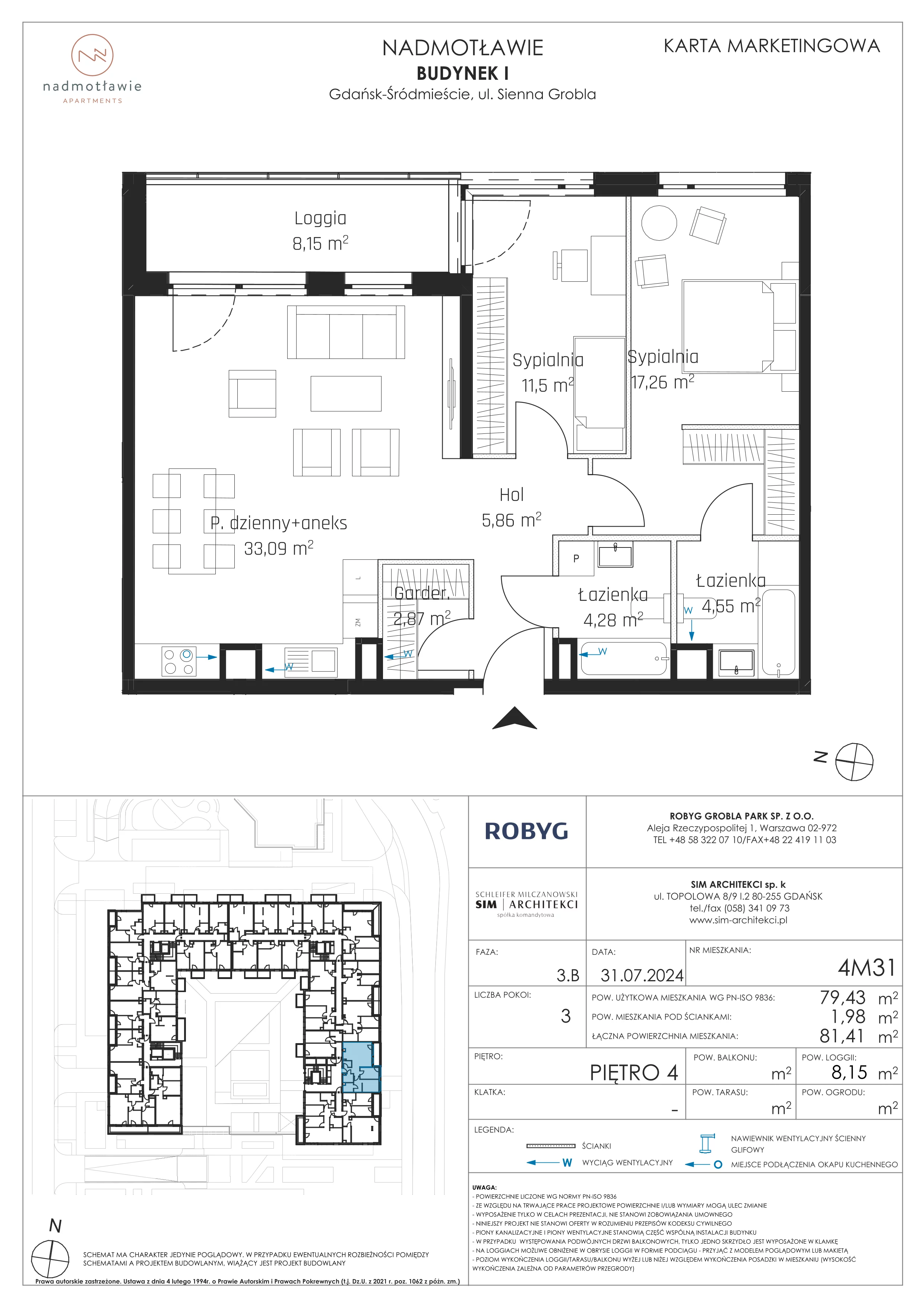 3 pokoje, mieszkanie 79,43 m², piętro 4, oferta nr I.4M31, Nadmotławie Apartments Budynek I, Gdańsk, Śródmieście, ul. Sienna Grobla