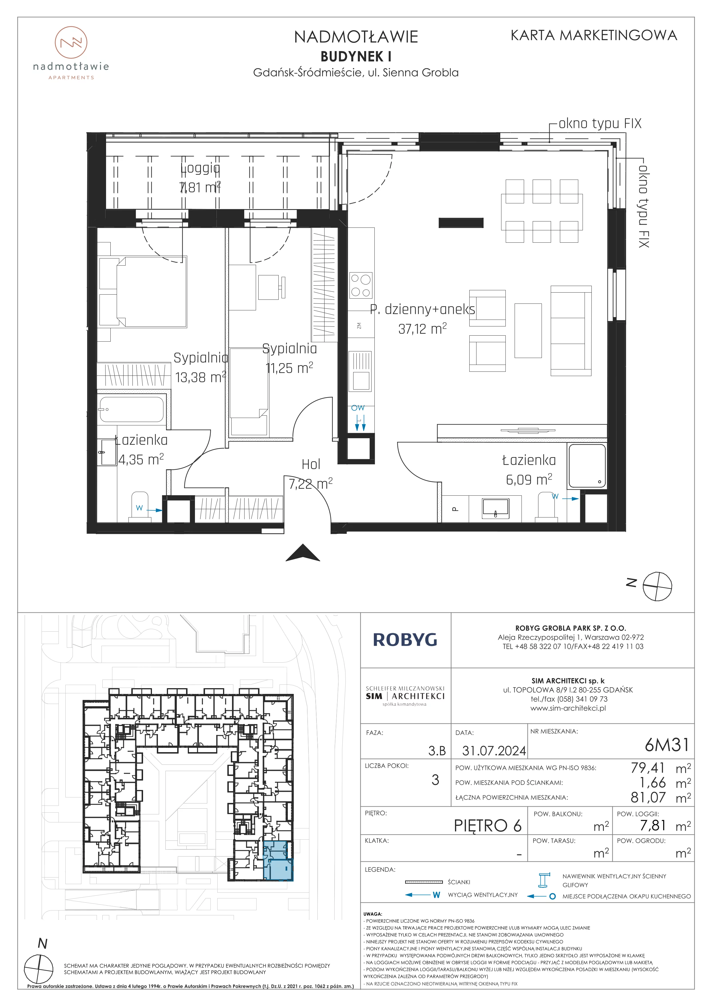 3 pokoje, mieszkanie 79,41 m², piętro 6, oferta nr I.6M31, Nadmotławie Apartments Budynek I, Gdańsk, Śródmieście, ul. Sienna Grobla