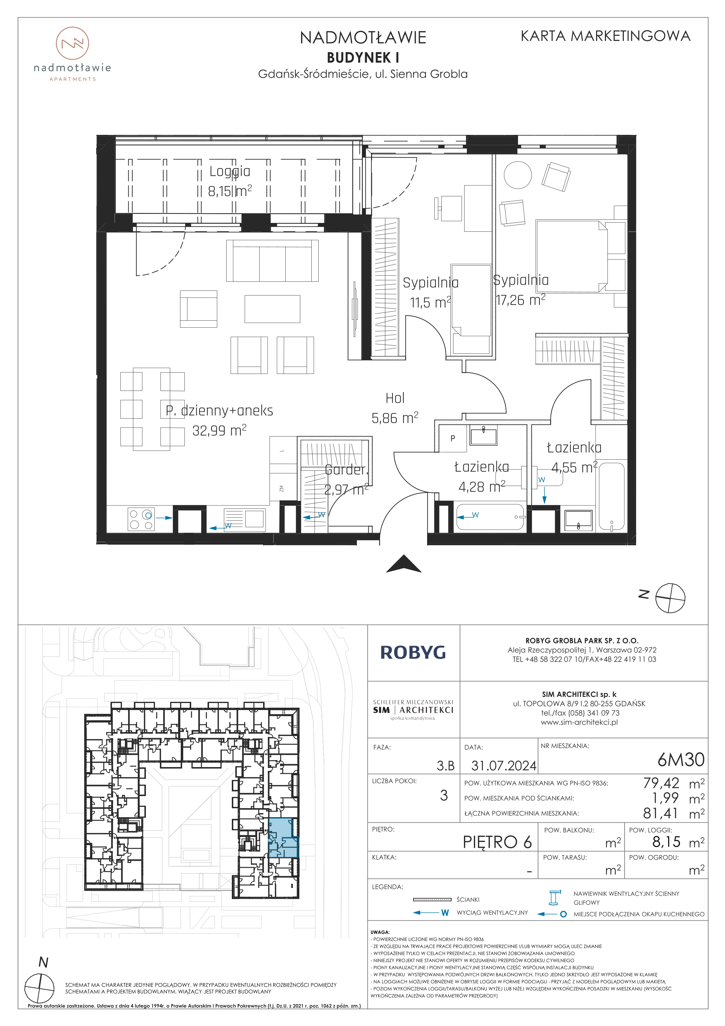 3 pokoje, mieszkanie 79,42 m², piętro 6, oferta nr I.6M30, Nadmotławie Apartments Budynek I, Gdańsk, Śródmieście, ul. Sienna Grobla