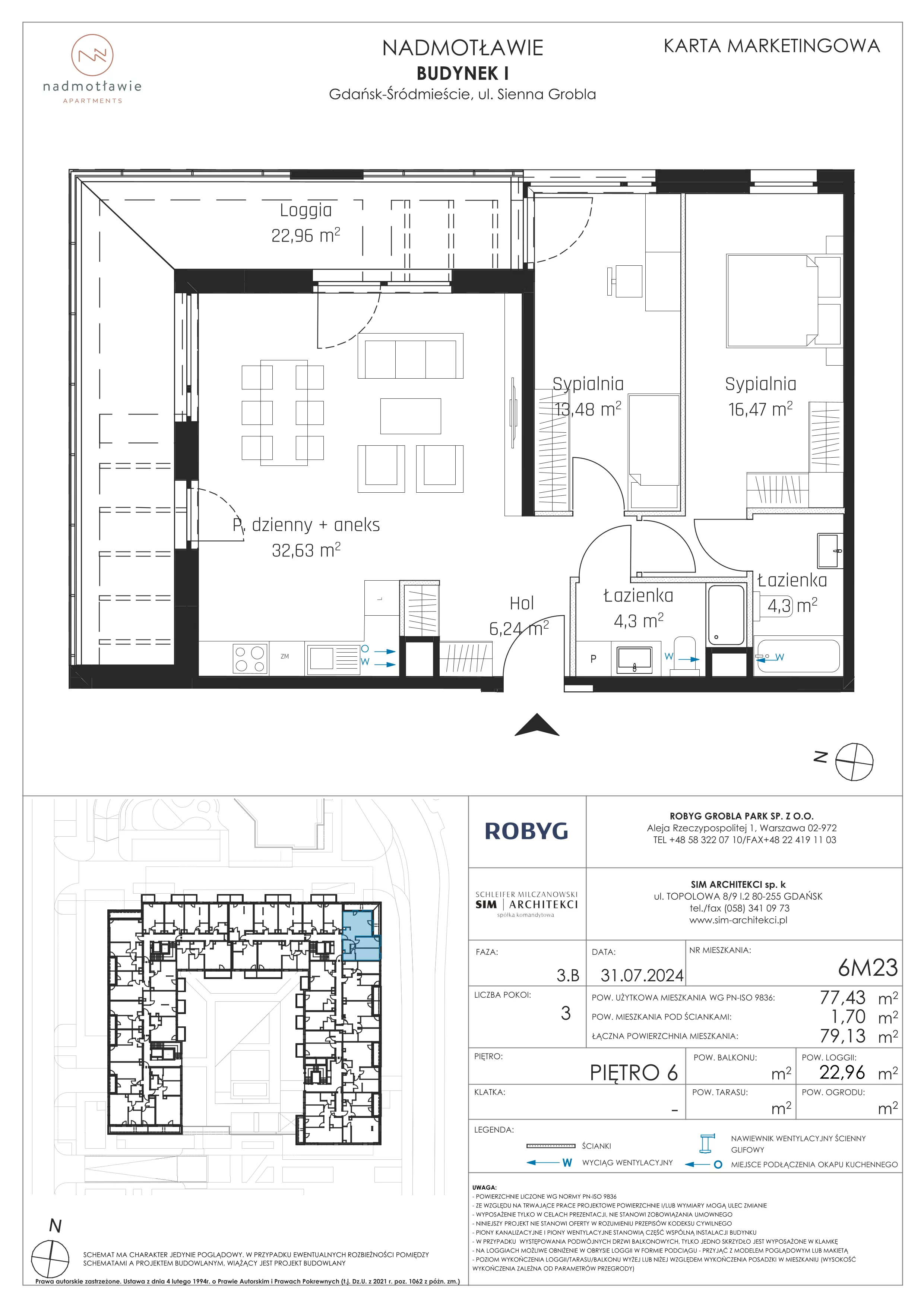3 pokoje, mieszkanie 77,43 m², piętro 6, oferta nr I.6M23, Nadmotławie Apartments Budynek I, Gdańsk, Śródmieście, ul. Sienna Grobla