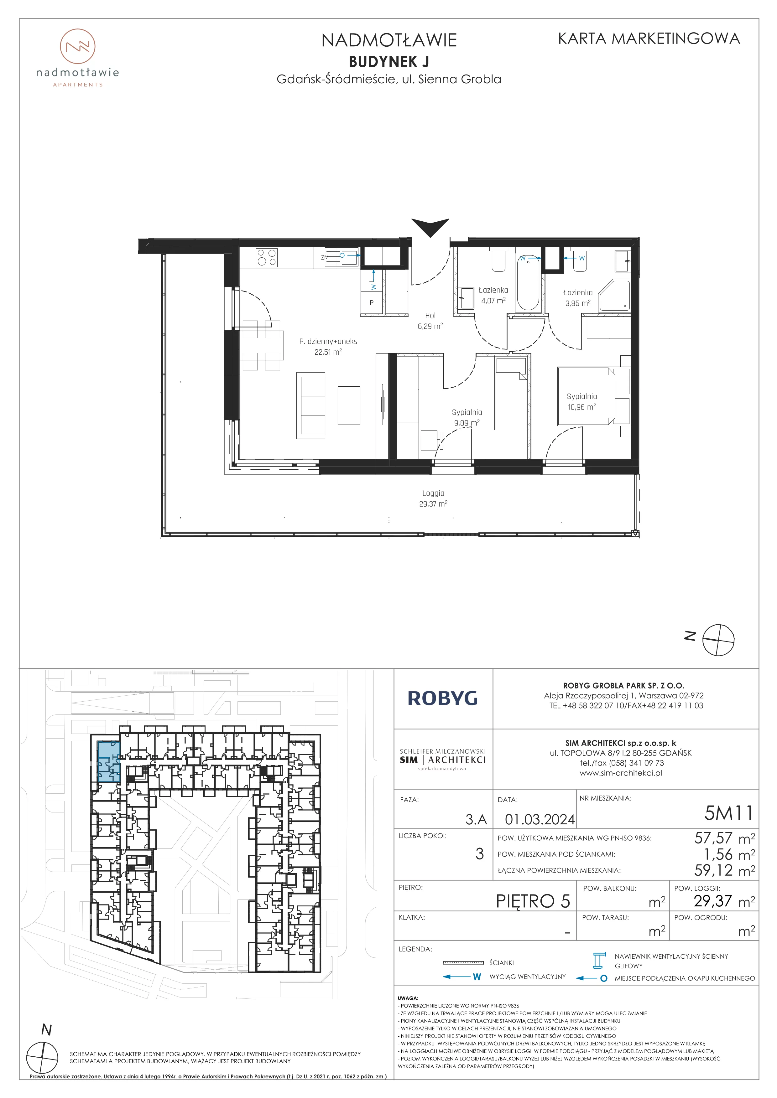 3 pokoje, mieszkanie 57,57 m², piętro 5, oferta nr J.5M11, Nadmotławie Apartments Budynek J, Gdańsk, Śródmieście, ul. Sienna Grobla