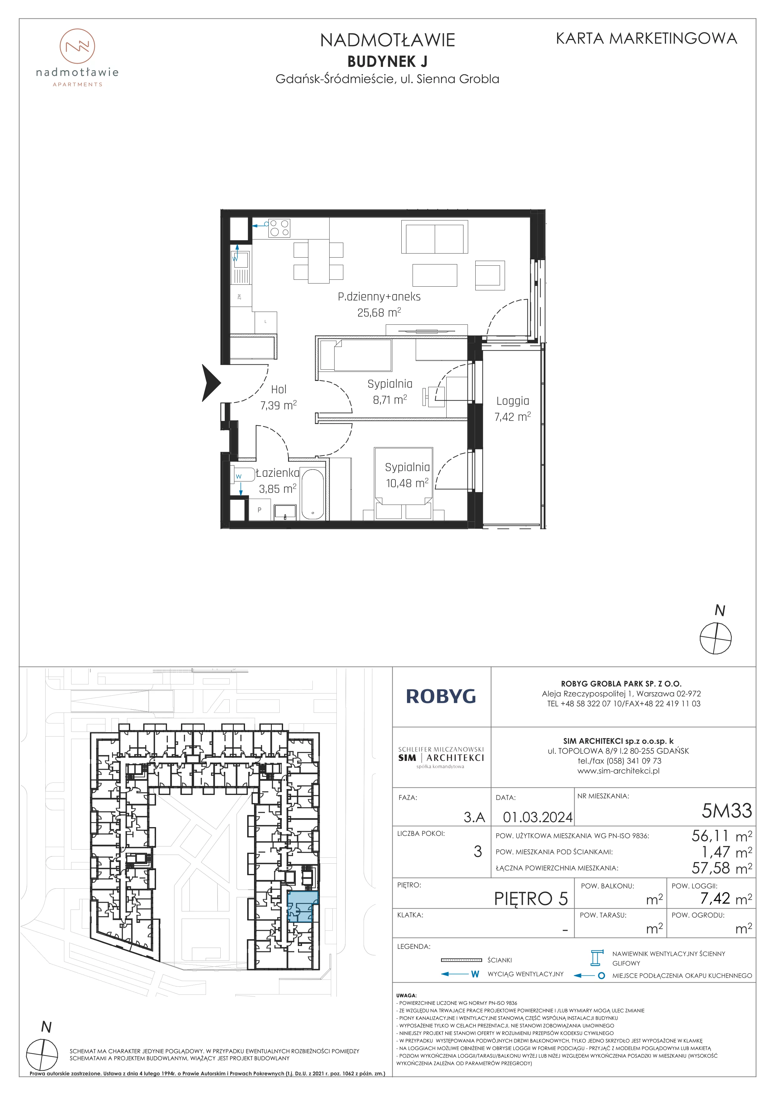3 pokoje, mieszkanie 56,11 m², piętro 5, oferta nr J.5M33, Nadmotławie Apartments Budynek J, Gdańsk, Śródmieście, ul. Sienna Grobla