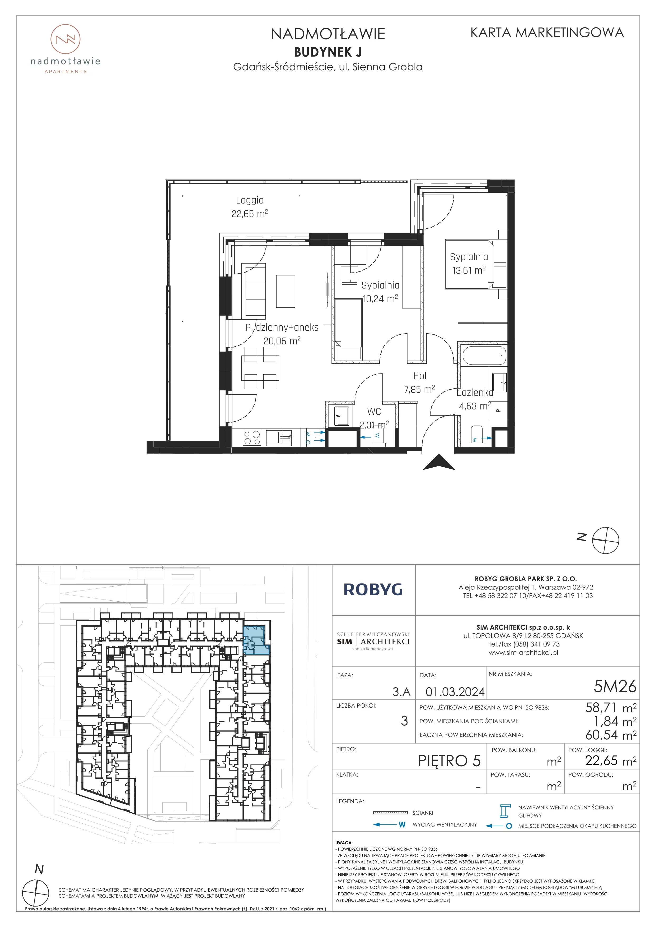 3 pokoje, mieszkanie 58,71 m², piętro 5, oferta nr J.5M26, Nadmotławie Apartments Budynek J, Gdańsk, Śródmieście, ul. Sienna Grobla