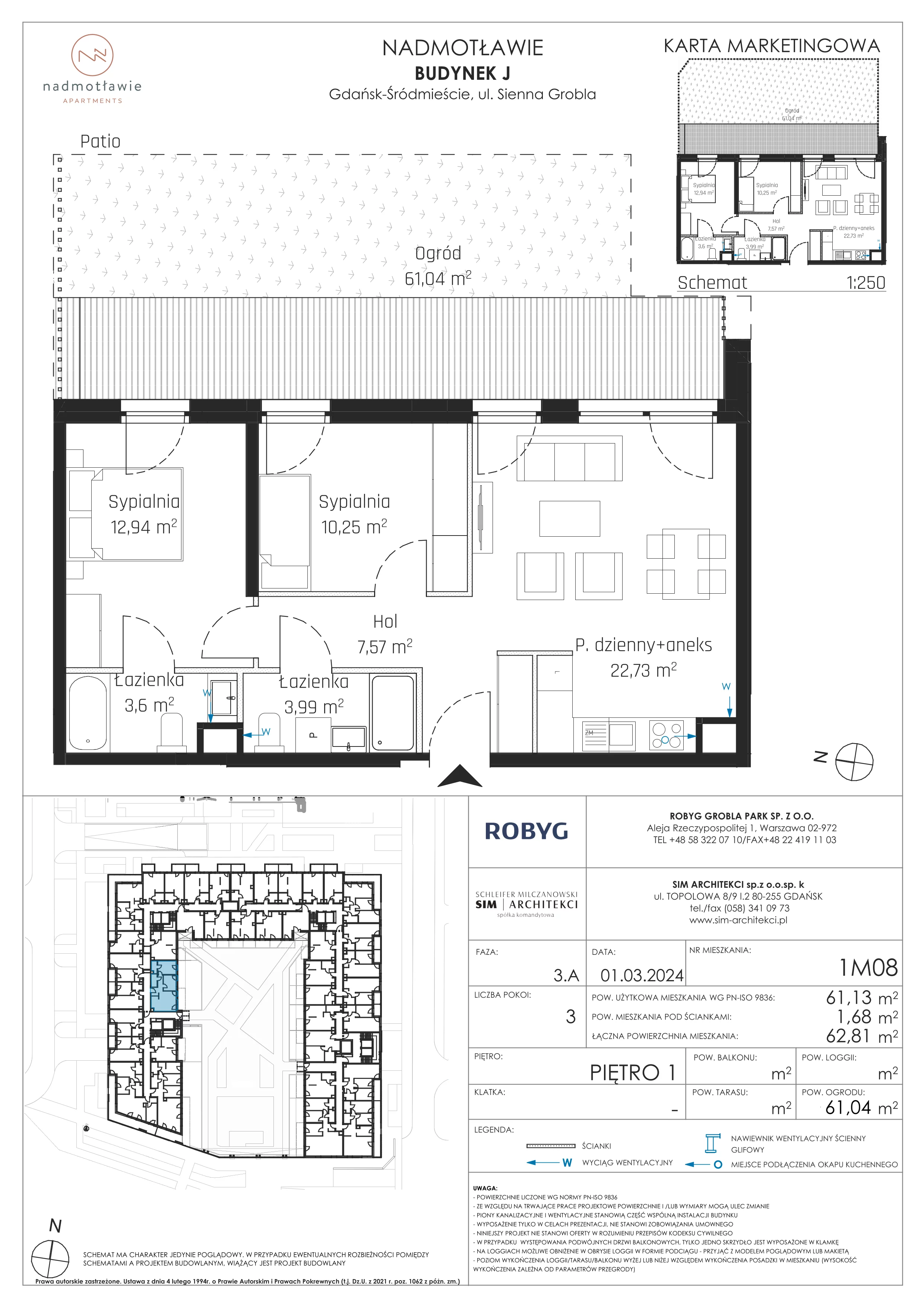 3 pokoje, mieszkanie 61,13 m², piętro 1, oferta nr J.1M08, Nadmotławie Apartments, Gdańsk, Śródmieście, ul. Sienna Grobla