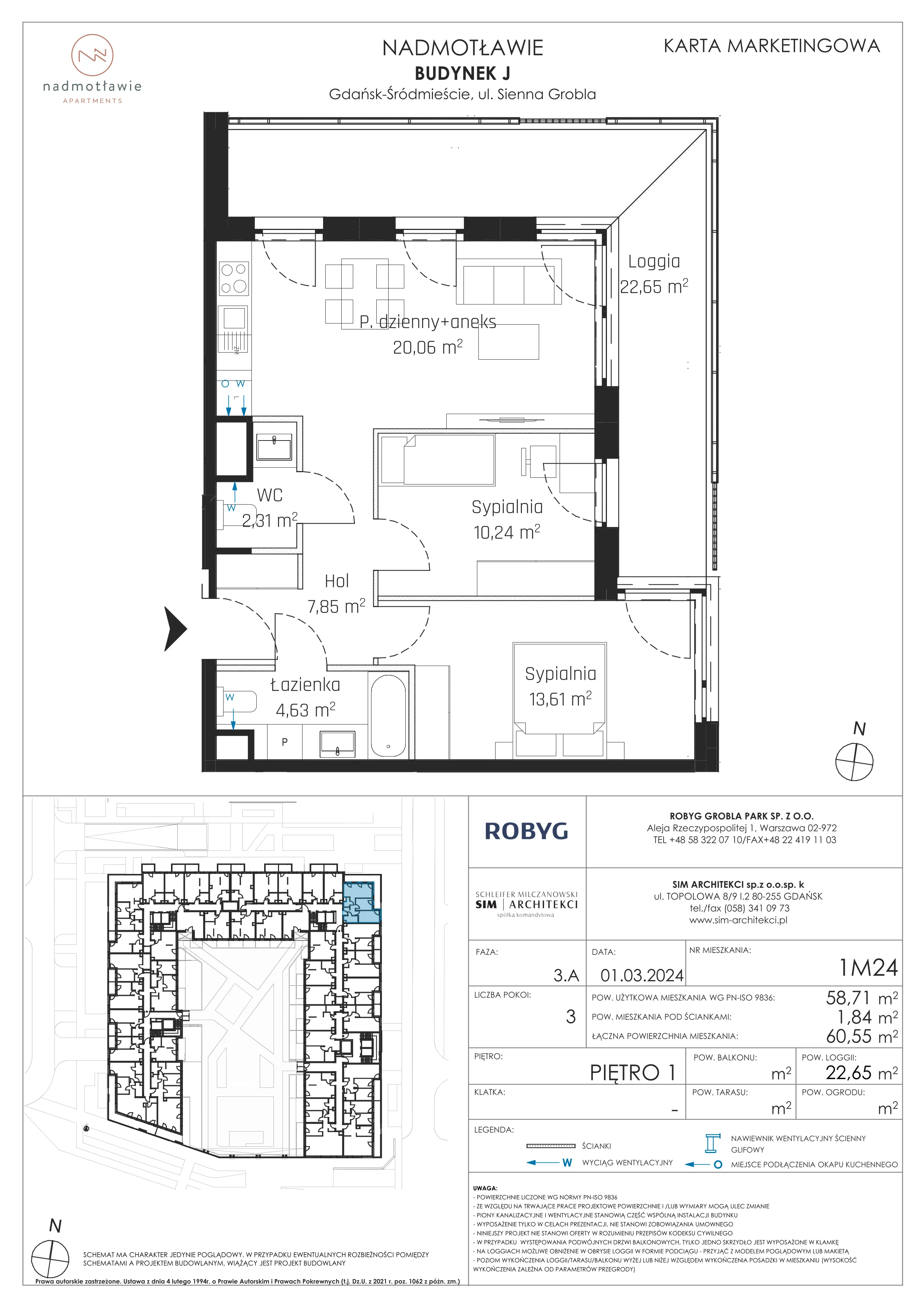 3 pokoje, mieszkanie 58,71 m², piętro 1, oferta nr J.1M24, Nadmotławie Apartments, Gdańsk, Śródmieście, ul. Sienna Grobla