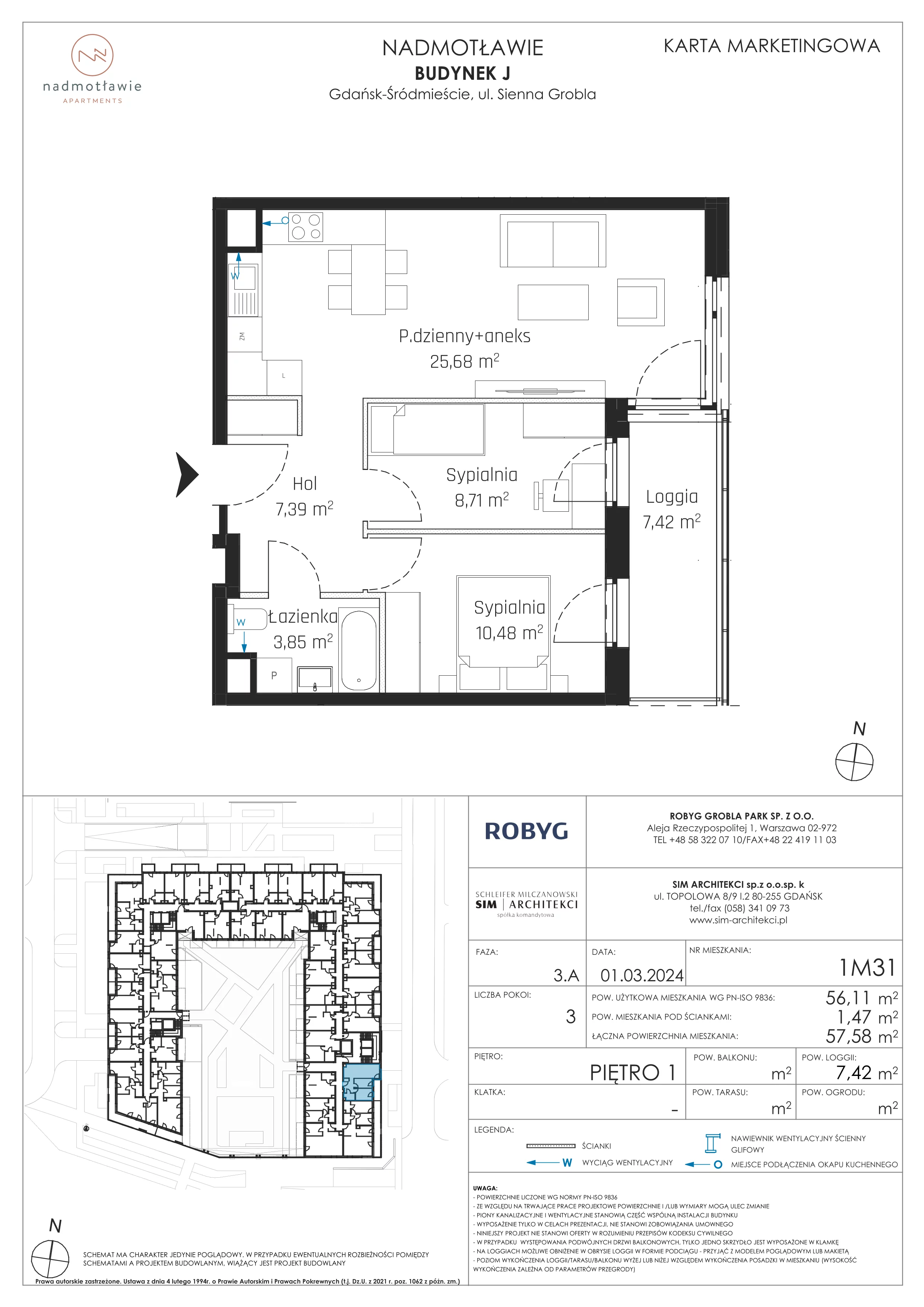 3 pokoje, mieszkanie 56,11 m², piętro 1, oferta nr J.1M31, Nadmotławie Apartments, Gdańsk, Śródmieście, ul. Sienna Grobla