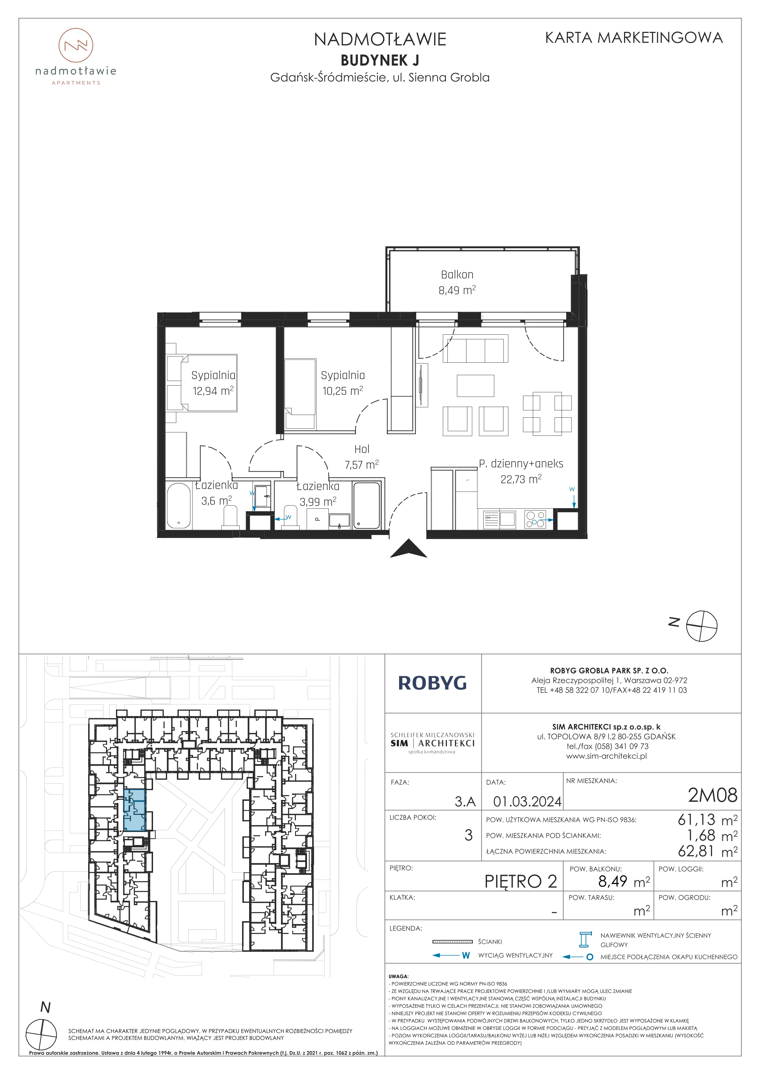 3 pokoje, mieszkanie 61,13 m², piętro 2, oferta nr J.2M08, Nadmotławie Apartments, Gdańsk, Śródmieście, ul. Sienna Grobla