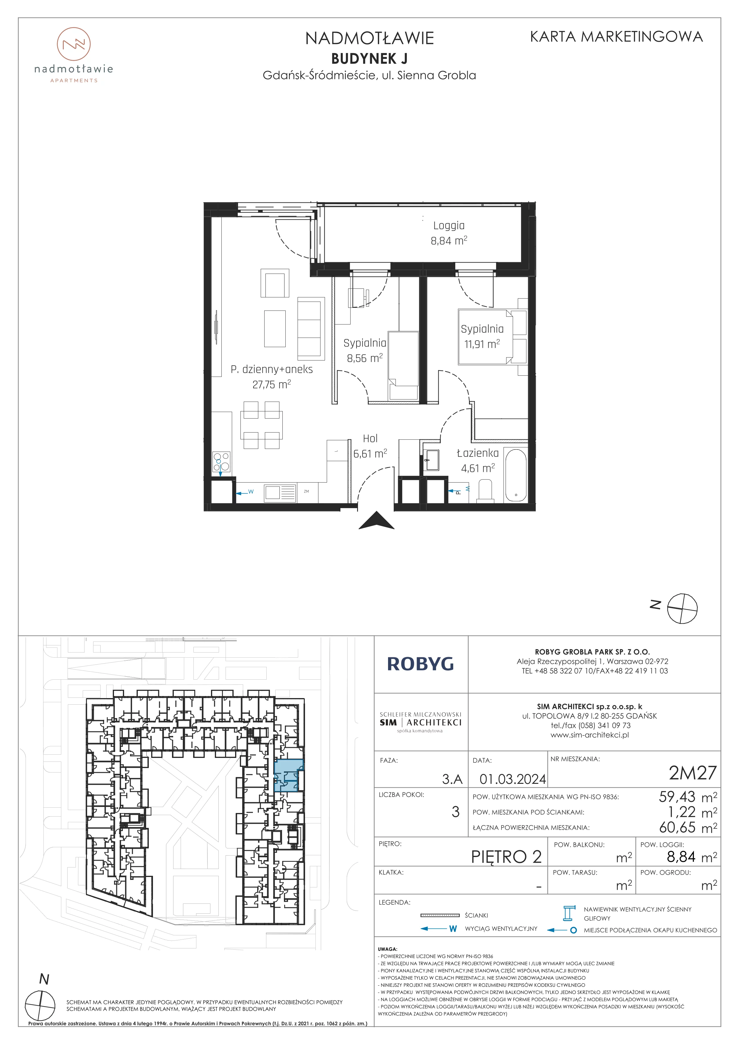 3 pokoje, mieszkanie 59,43 m², piętro 2, oferta nr J.2M27, Nadmotławie Apartments, Gdańsk, Śródmieście, ul. Sienna Grobla