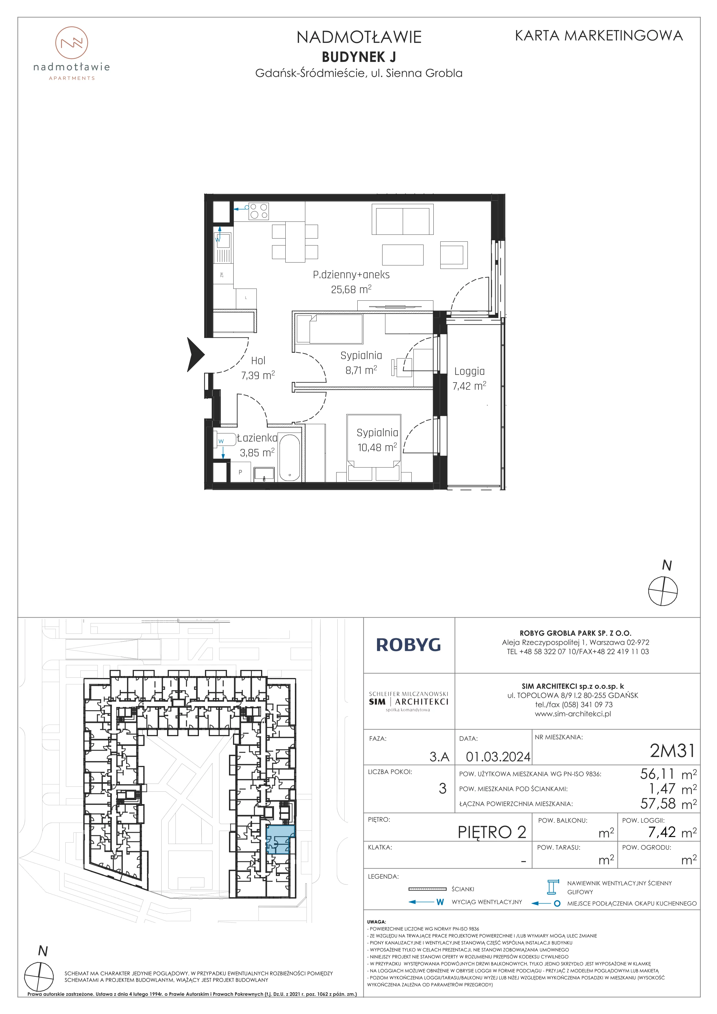 3 pokoje, mieszkanie 56,11 m², piętro 2, oferta nr J.2M31, Nadmotławie Apartments, Gdańsk, Śródmieście, ul. Sienna Grobla