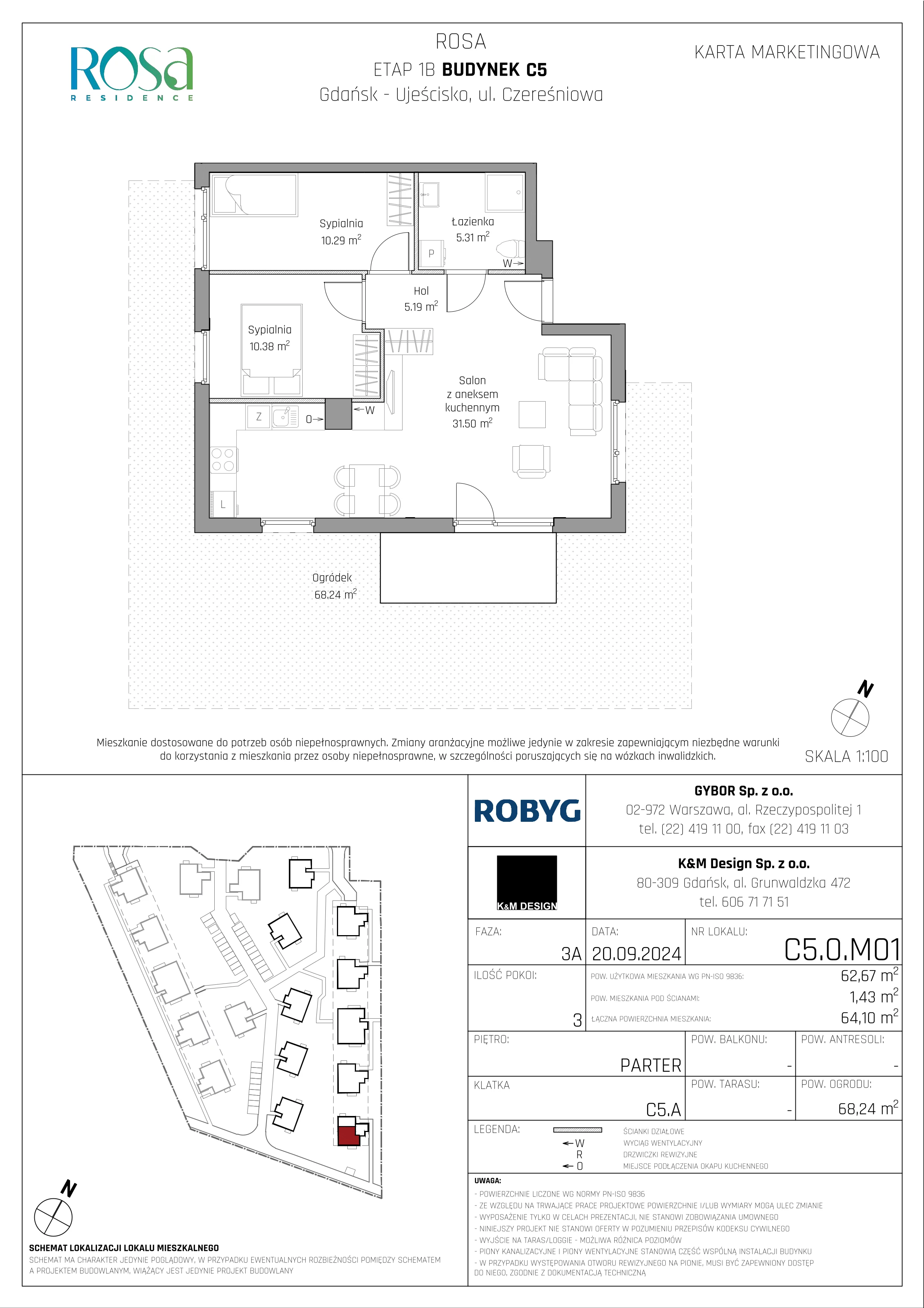 3 pokoje, mieszkanie 62,67 m², parter, oferta nr C5.0M01, ROSA Residence, Gdańsk, Ujeścisko-Łostowice, Ujeścisko, ul. Śliwkowa