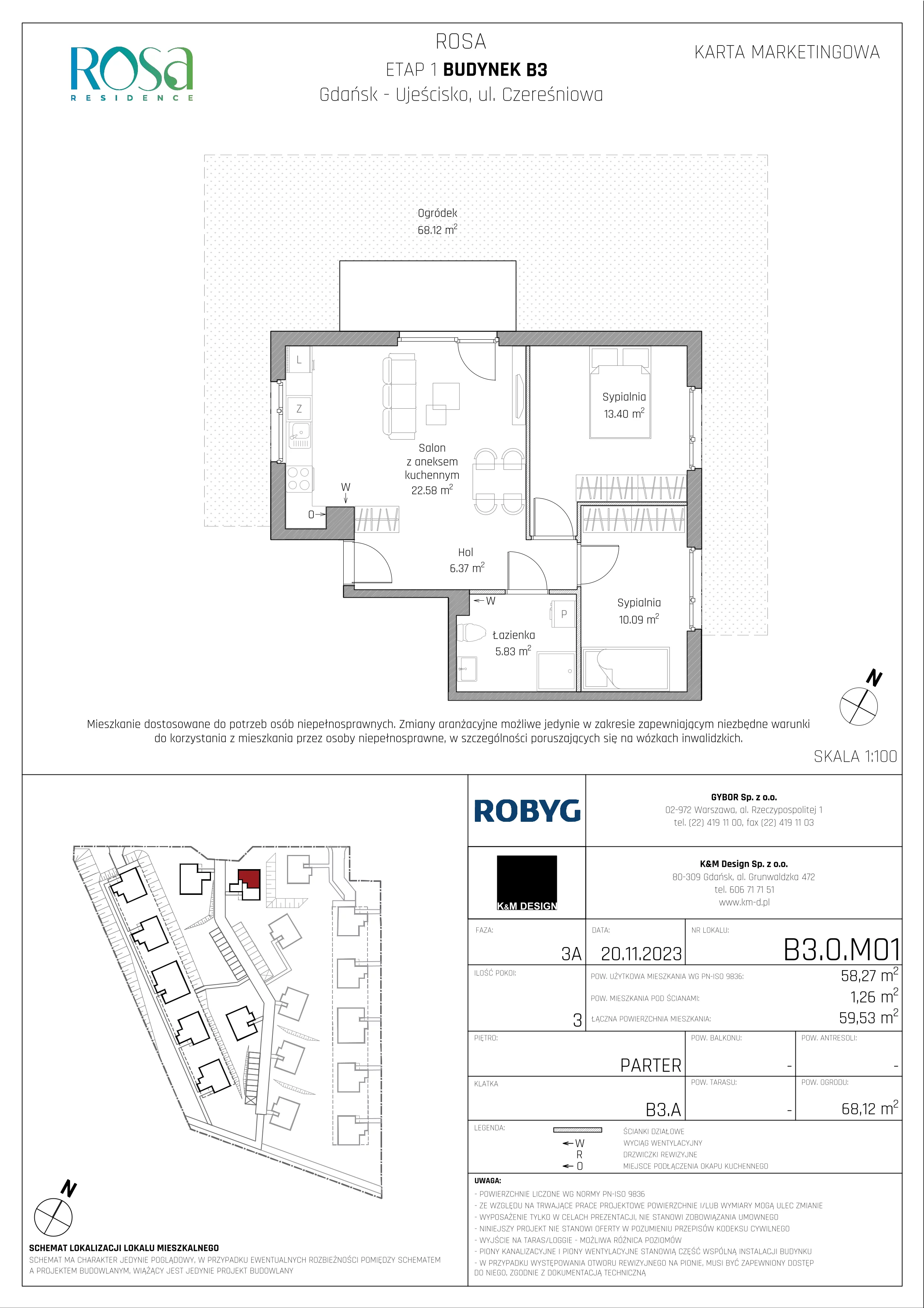 3 pokoje, mieszkanie 57,66 m², parter, oferta nr B3.0M01, ROSA Residence, Gdańsk, Ujeścisko-Łostowice, Ujeścisko, ul. Śliwkowa