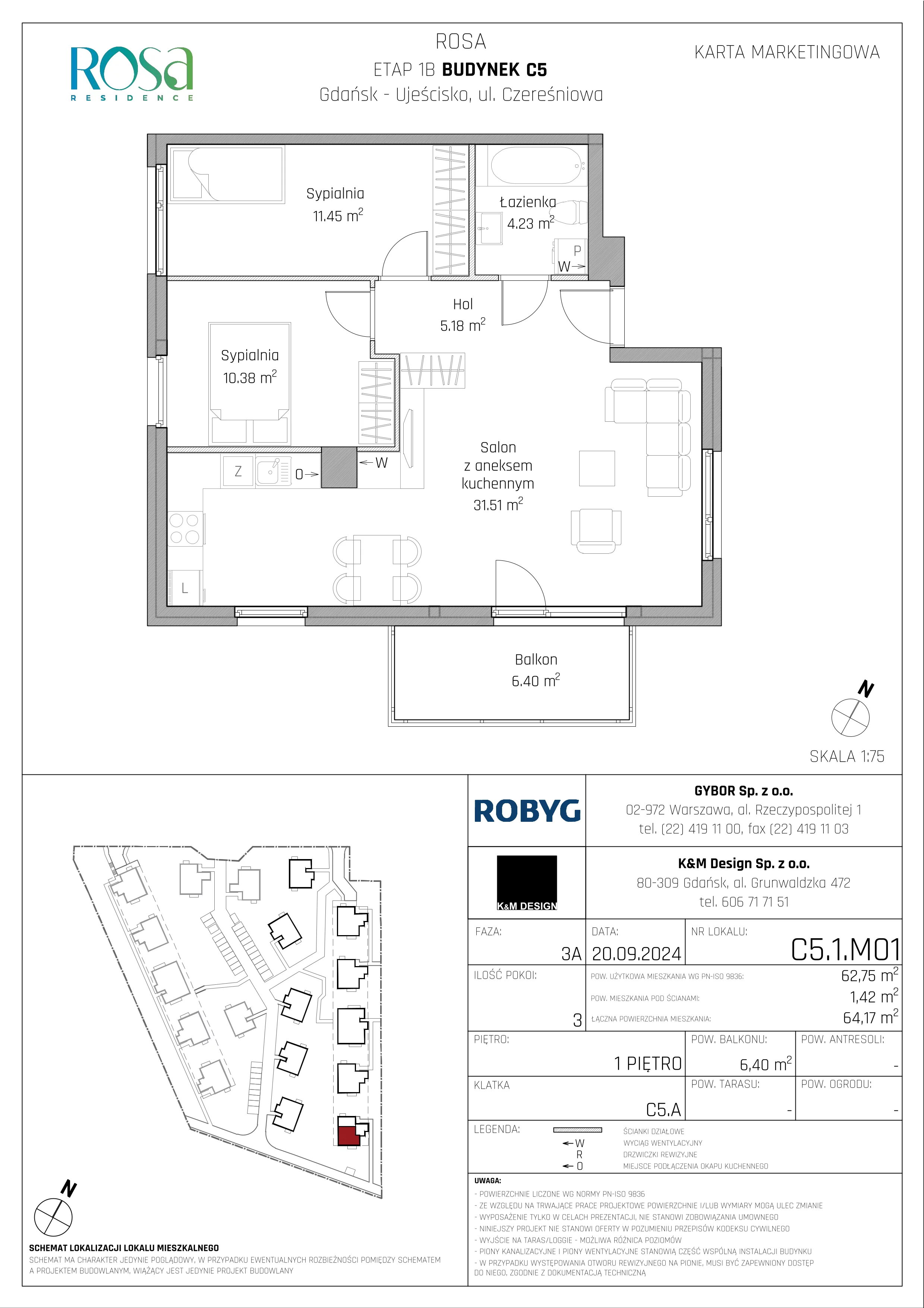 3 pokoje, mieszkanie 62,75 m², piętro 1, oferta nr C5.1M01, ROSA Residence, Gdańsk, Ujeścisko-Łostowice, Ujeścisko, ul. Śliwkowa