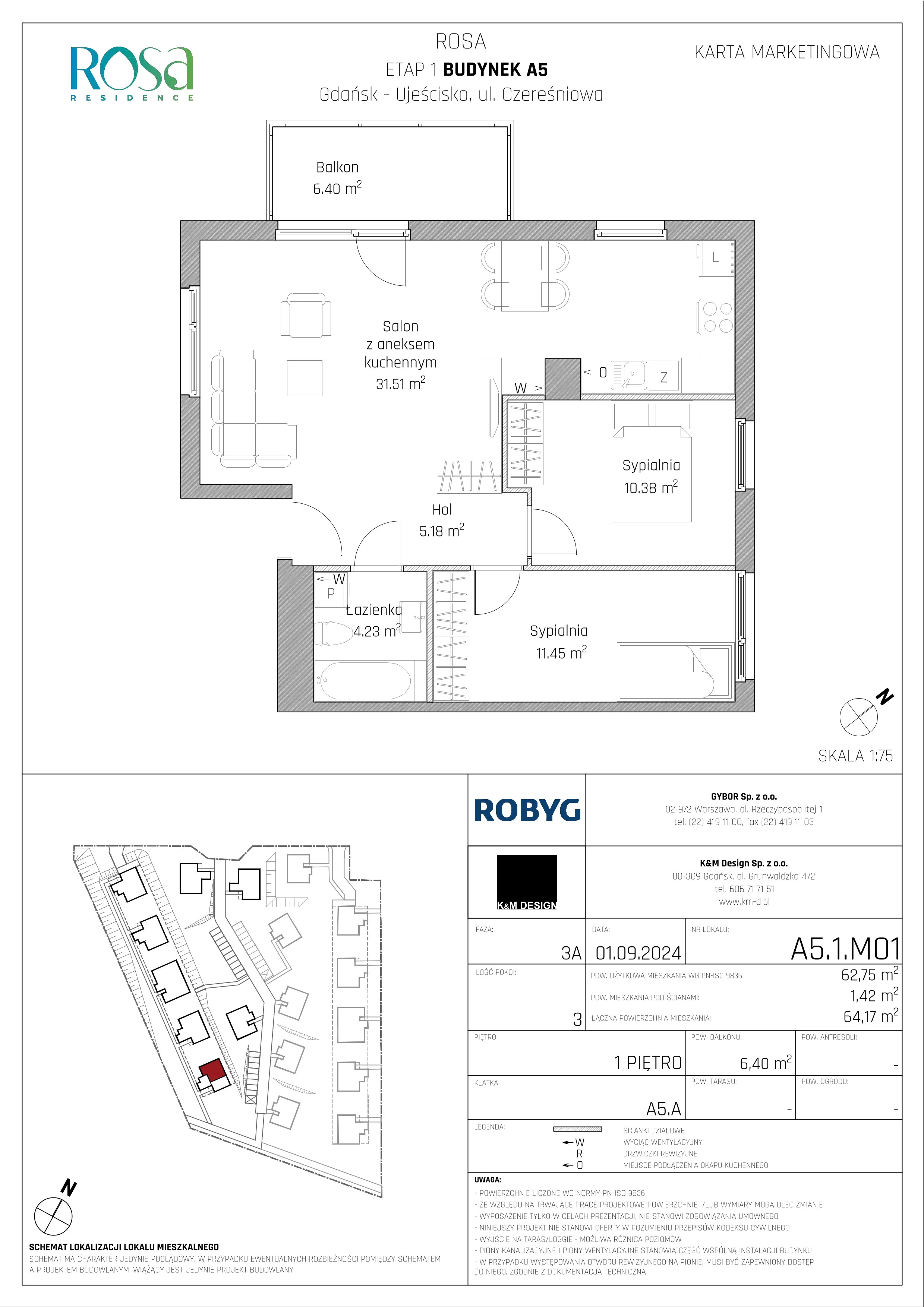 3 pokoje, mieszkanie 62,75 m², piętro 1, oferta nr A5.1M01, ROSA Residence, Gdańsk, Ujeścisko-Łostowice, Ujeścisko, ul. Śliwkowa