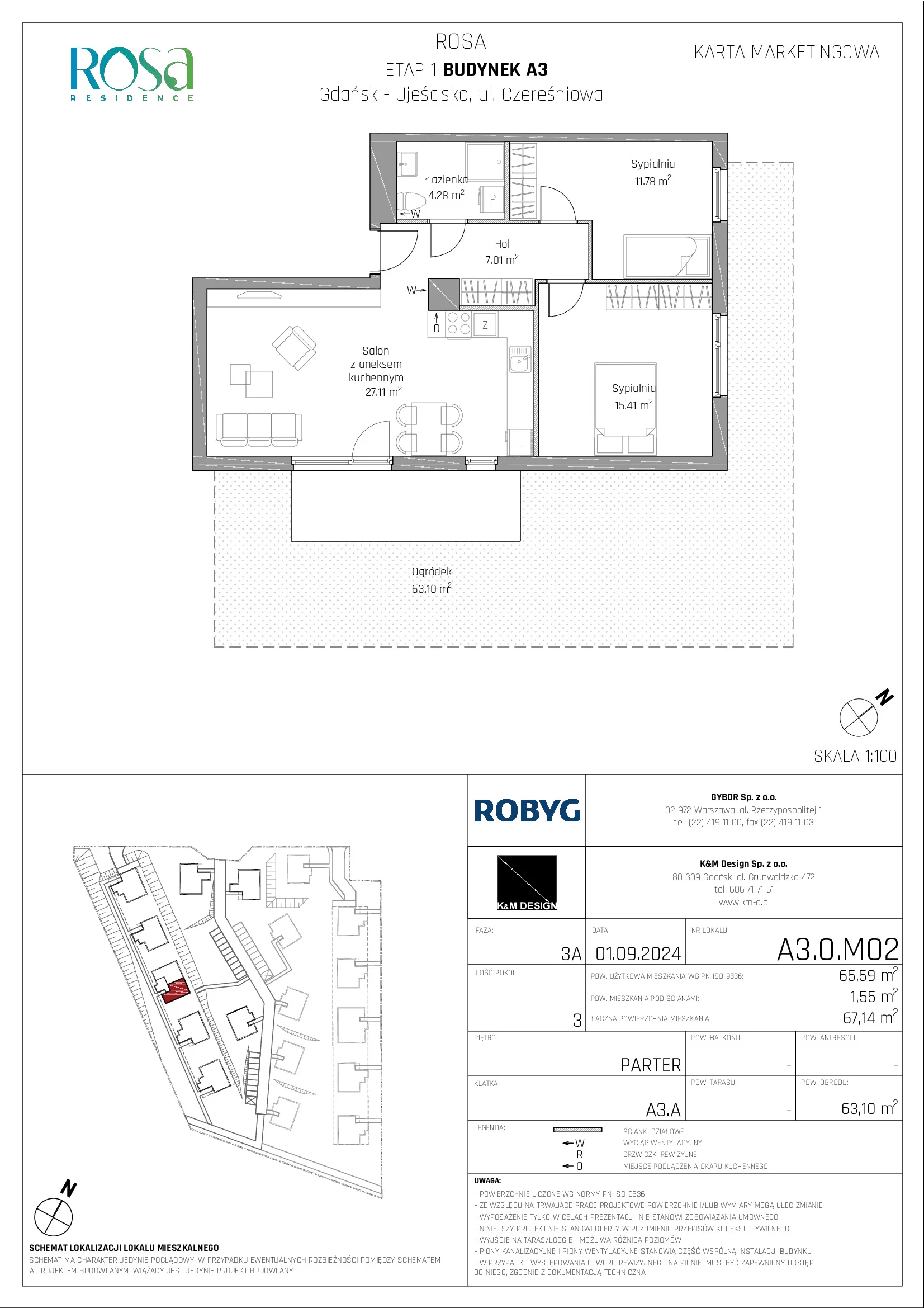 Mieszkanie 65,59 m², parter, oferta nr A3.0M02, ROSA Residence, Gdańsk, Ujeścisko-Łostowice, Ujeścisko, ul. Śliwkowa