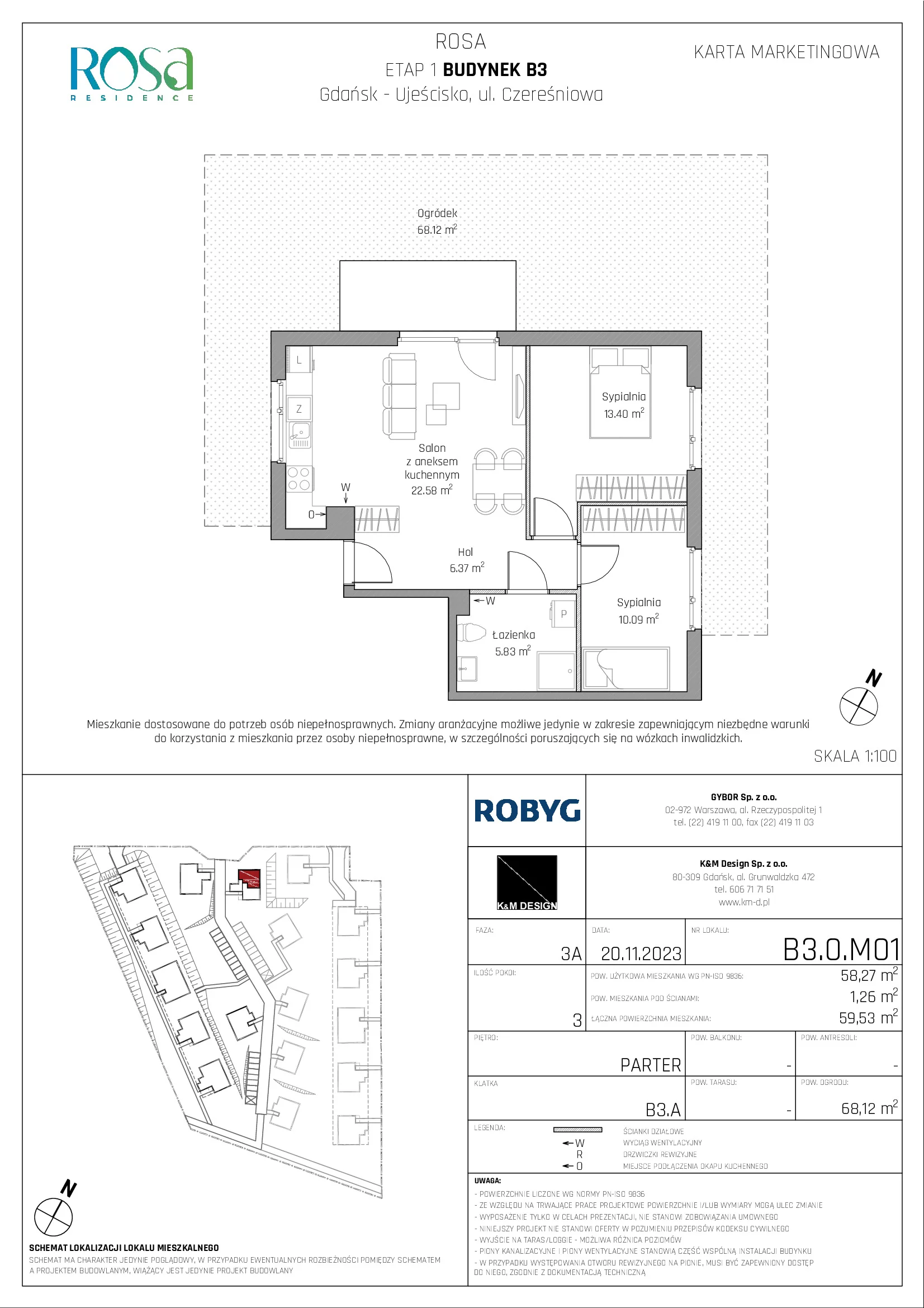 Mieszkanie 57,66 m², parter, oferta nr B3.0M01, ROSA Residence, Gdańsk, Ujeścisko-Łostowice, Ujeścisko, ul. Śliwkowa