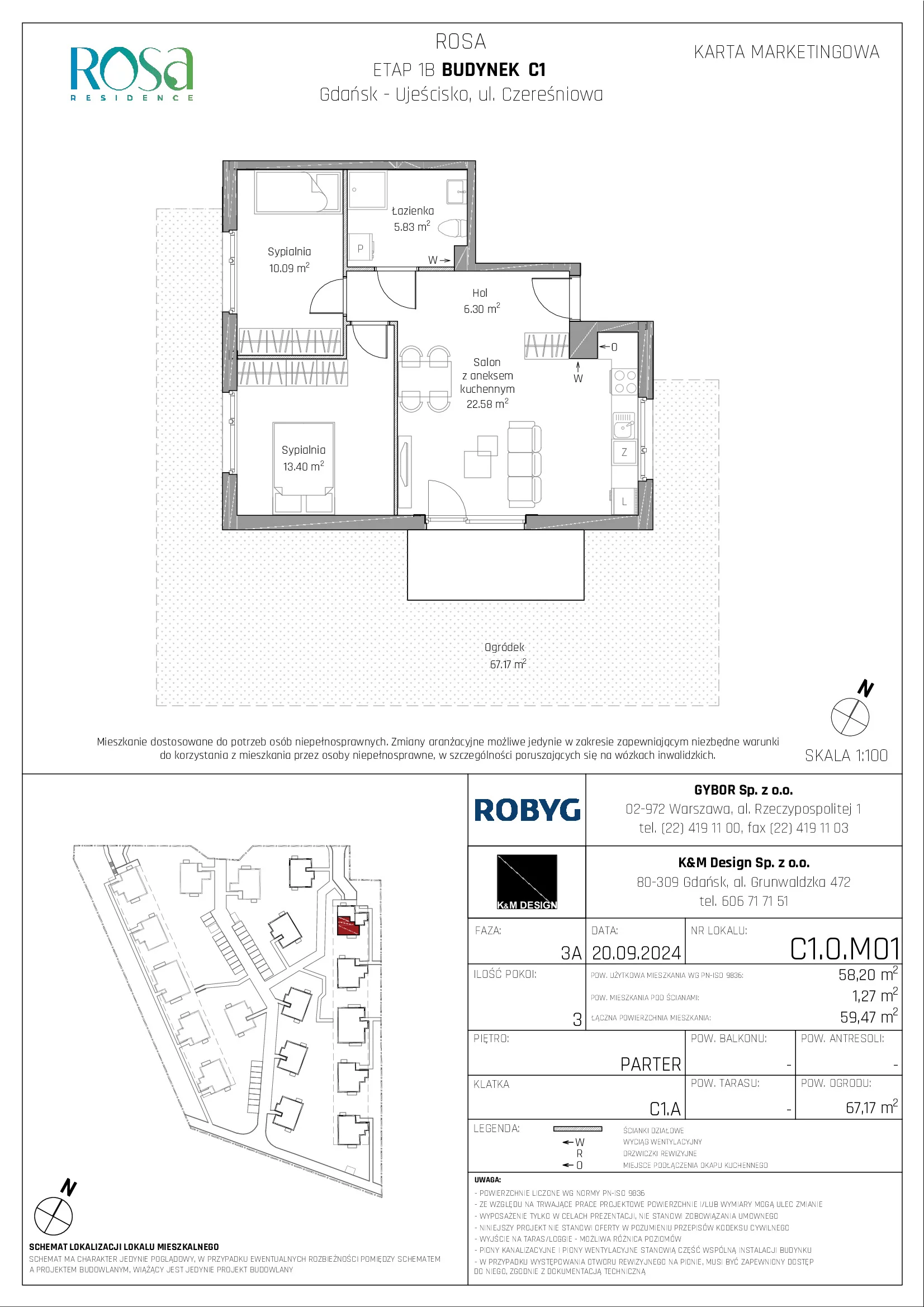 Mieszkanie 58,20 m², parter, oferta nr C1.0M01, ROSA Residence, Gdańsk, Ujeścisko-Łostowice, Ujeścisko, ul. Śliwkowa