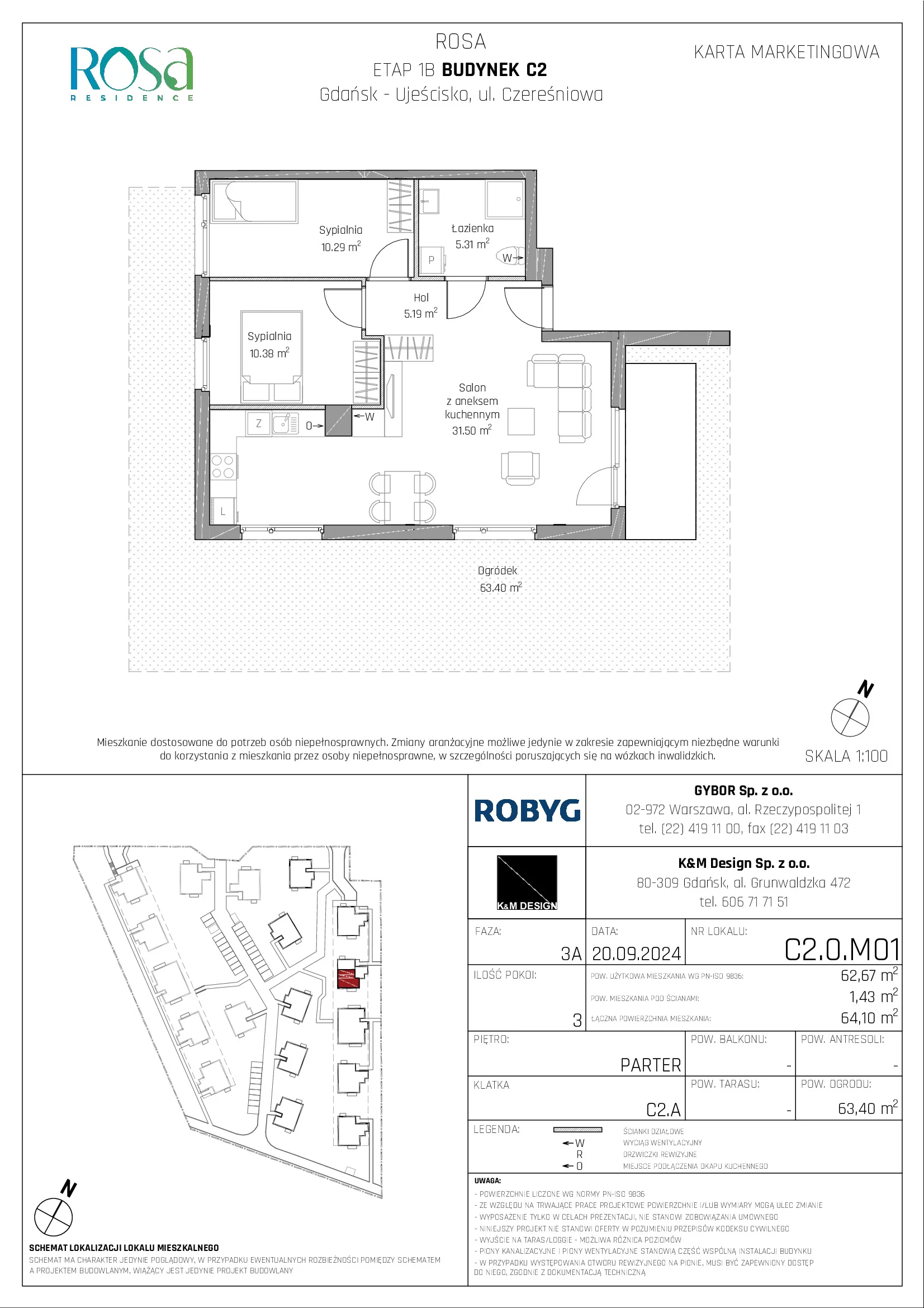 Mieszkanie 62,67 m², parter, oferta nr C2.0M01, ROSA Residence, Gdańsk, Ujeścisko-Łostowice, Ujeścisko, ul. Śliwkowa-idx