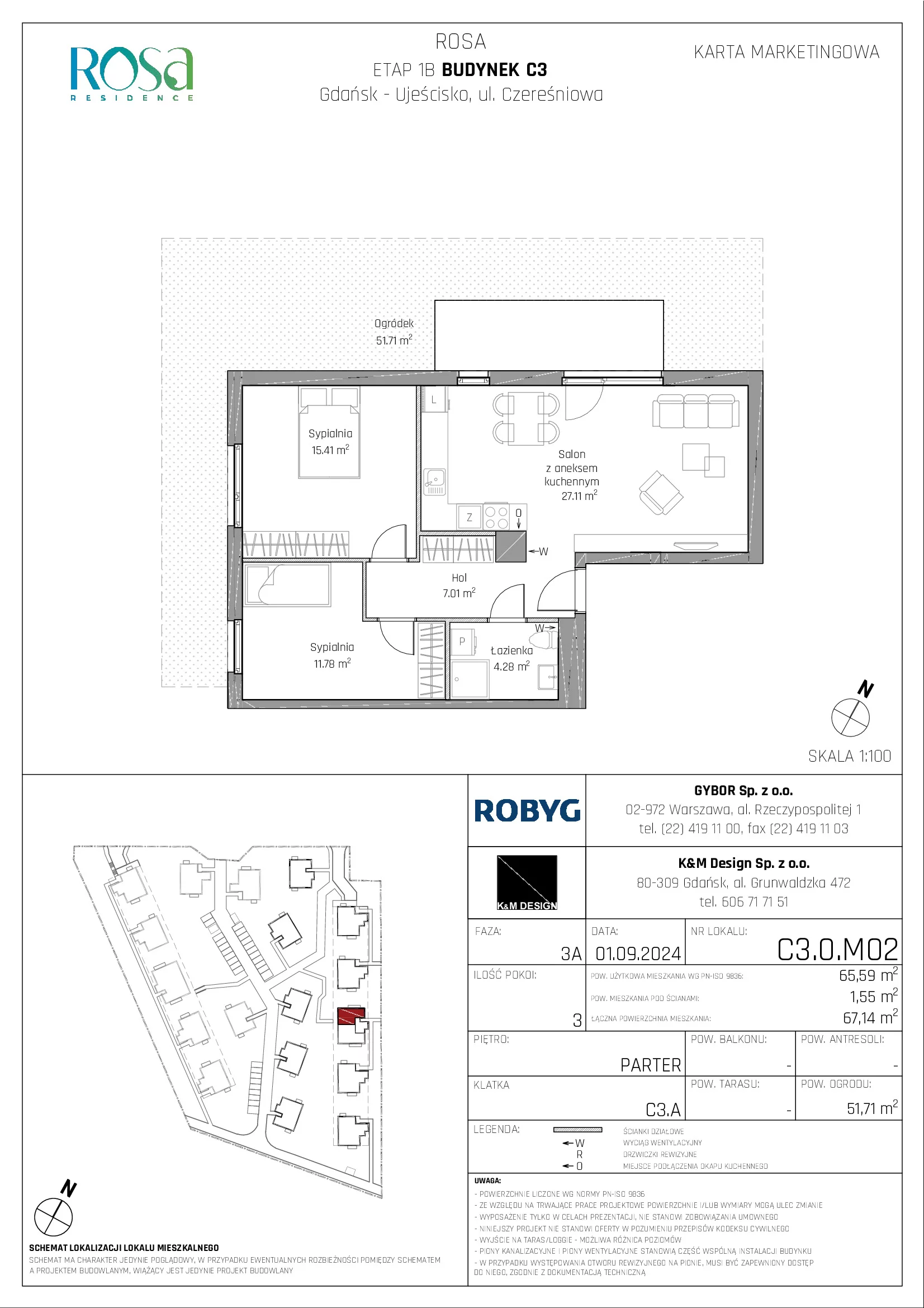 Mieszkanie 65,59 m², parter, oferta nr C3.0M02, ROSA Residence, Gdańsk, Ujeścisko-Łostowice, Ujeścisko, ul. Śliwkowa